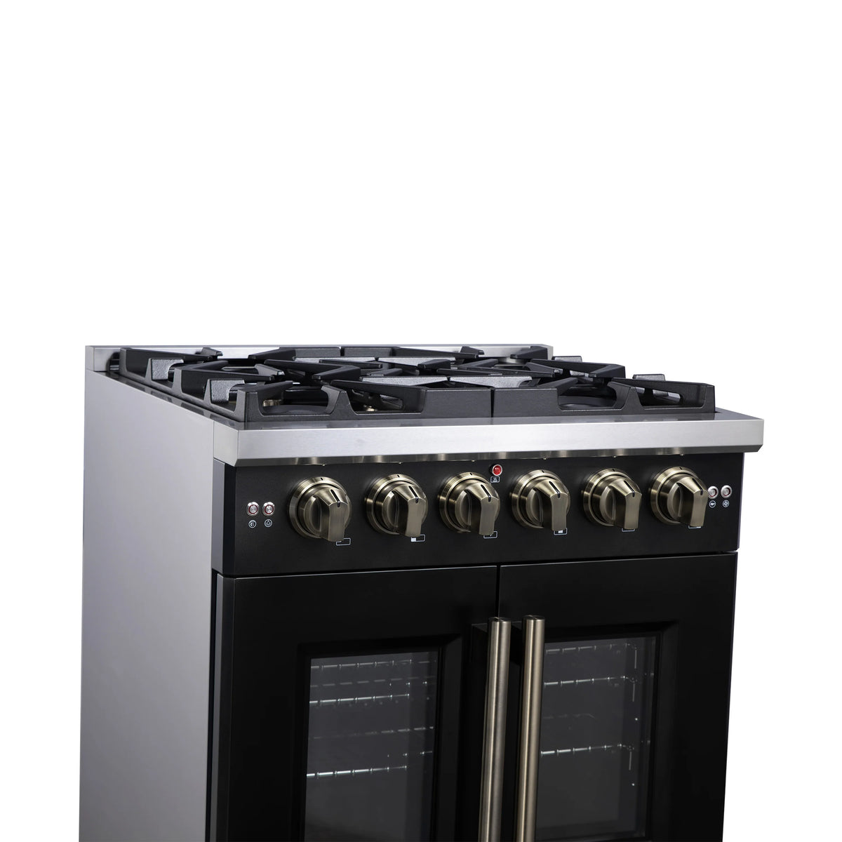 Black gas range with four cast-iron grates and circular brass-finish burner knobs