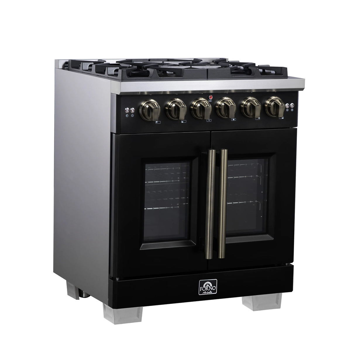 Black freestanding gas range with four-burner cooktop and two French oven doors