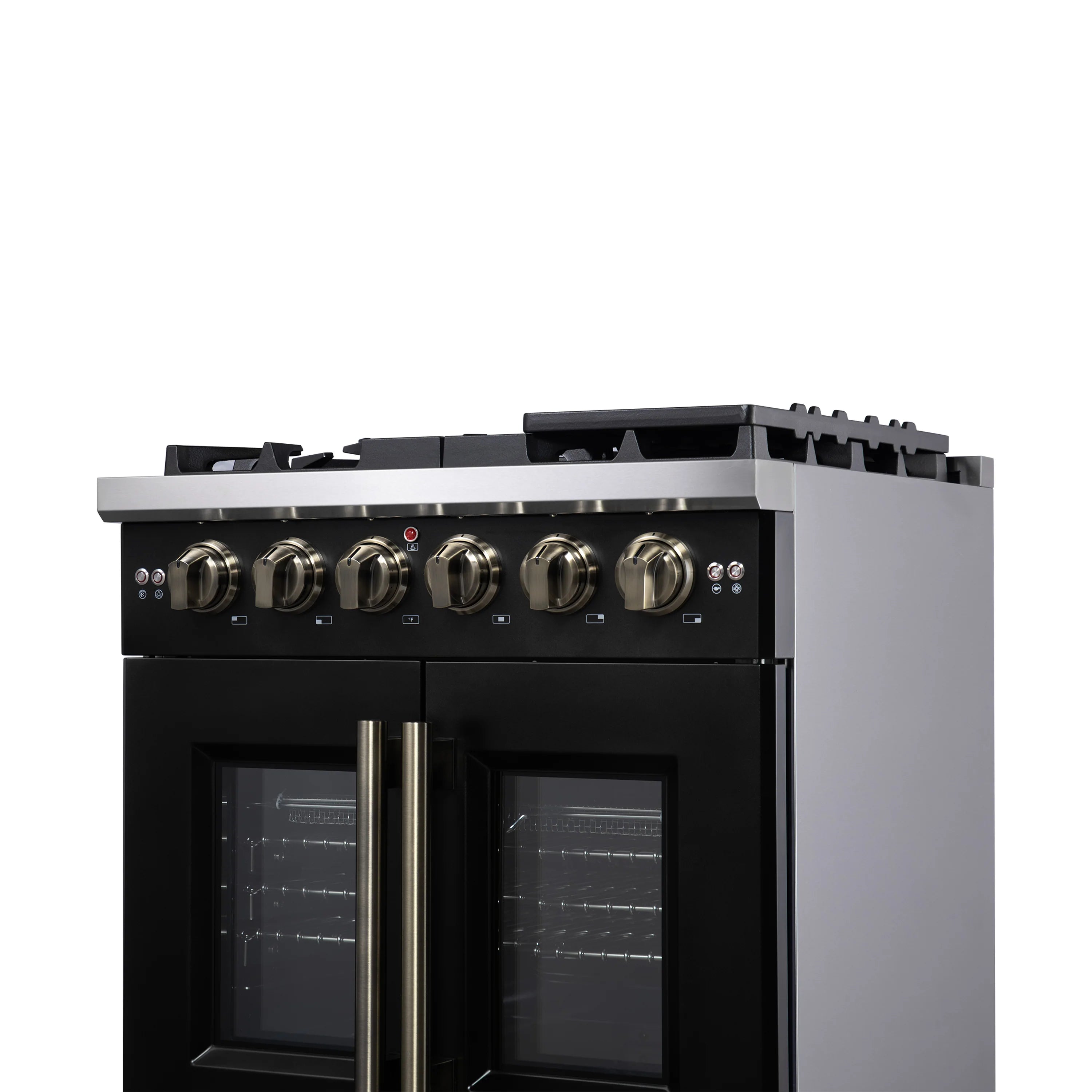 Black freestanding French door gas range with twin oven doors and brass center handle.