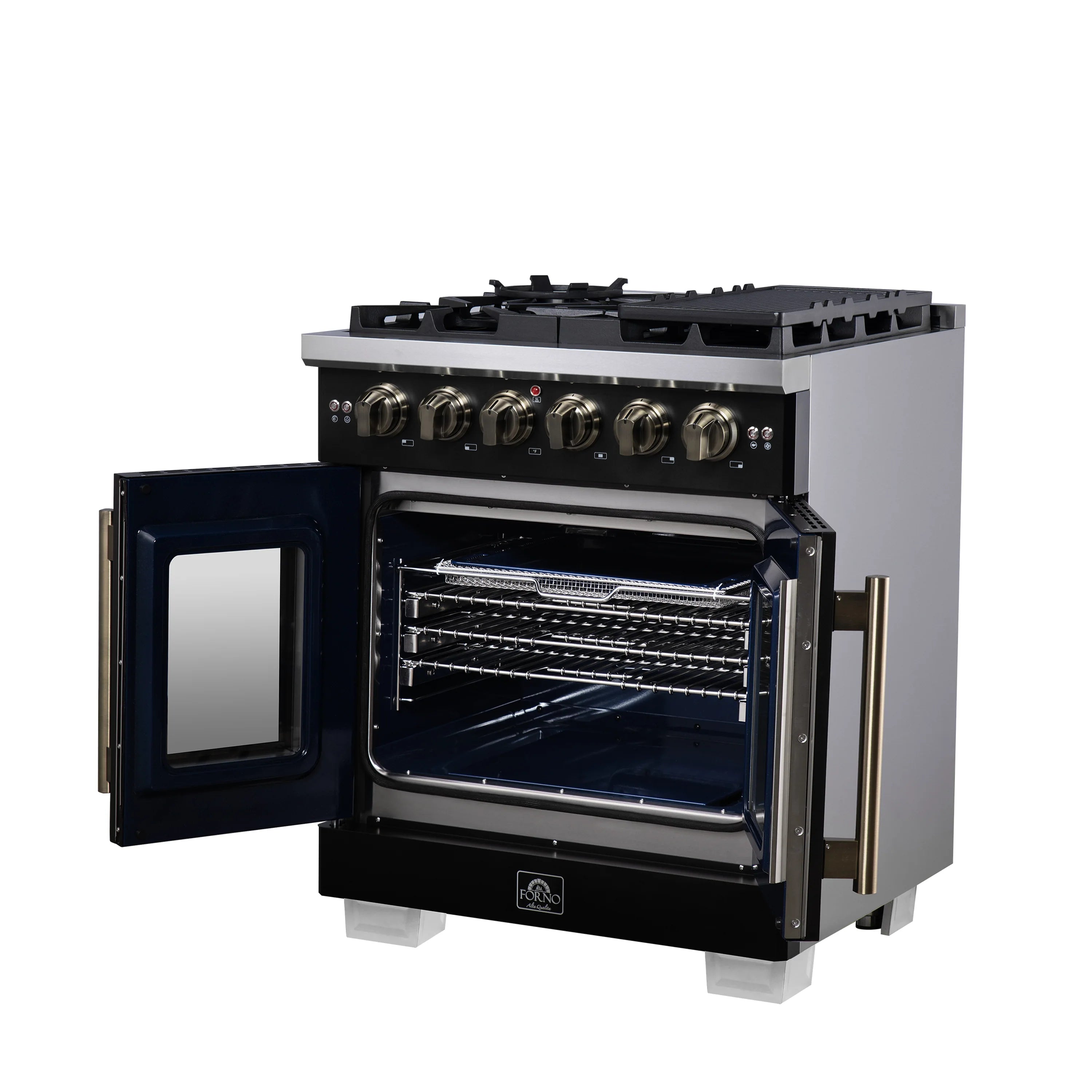 Black French door gas range with open convection oven, wire racks, and side door.