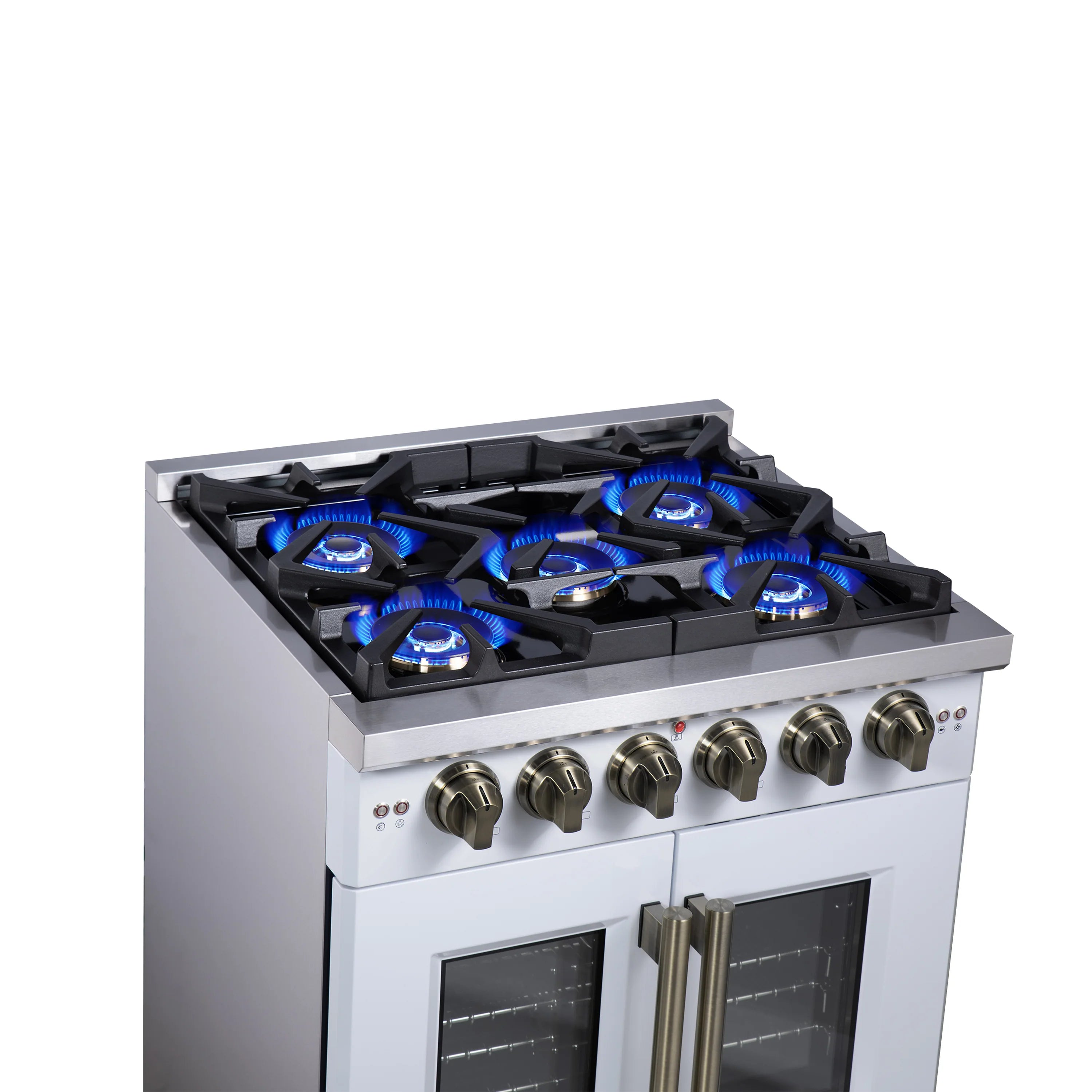 White gas range top view: four blue-lit burners and front control knobs