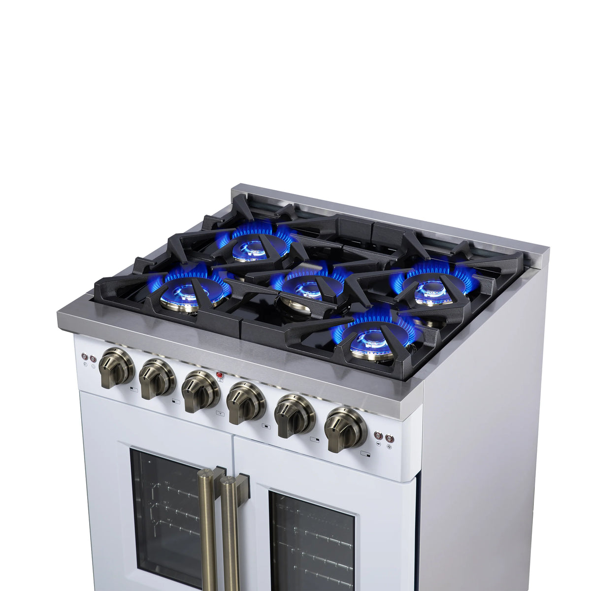 White gas range with four burners, French doors, and front control knobs