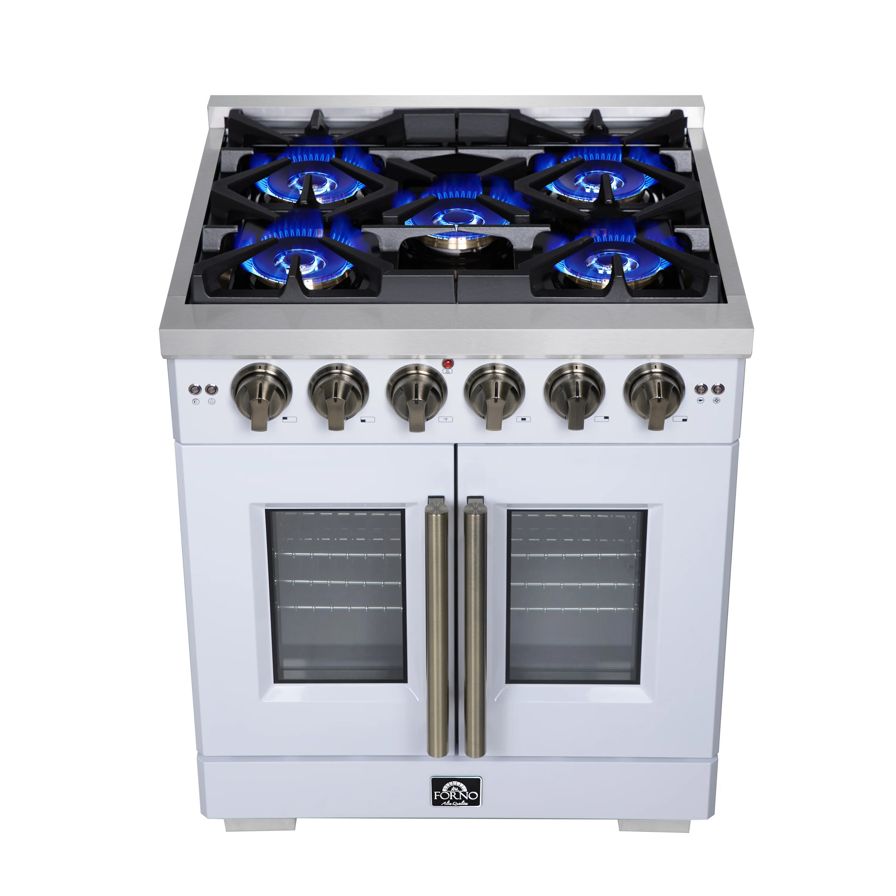 White freestanding gas range with four burners, French doors, and antique brass handles