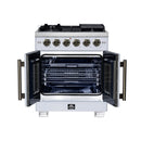 Forno Capriasca 30-Inch Freestanding French Door Gas Range with 4 Burners and 4.32 Cu.Ft. Convection Oven in White with Antique Brass Handle (FFSGS6460-30WHT)