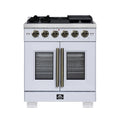 Forno Capriasca 30-Inch Freestanding French Door Gas Range with 5 Burners and 4.32 Cu.Ft. Convection Oven in White with Antique Brass Trim (FFSGS6460-30WHT)