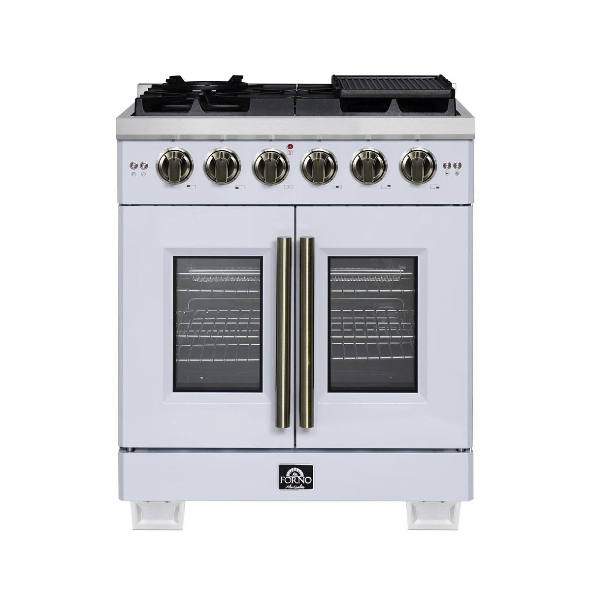 Forno Capriasca 30-Inch Freestanding French Door Gas Range with 4 Burners and 4.32 Cu.Ft. Convection Oven in White with Antique Brass Trim (FFSGS6460-30WHT)