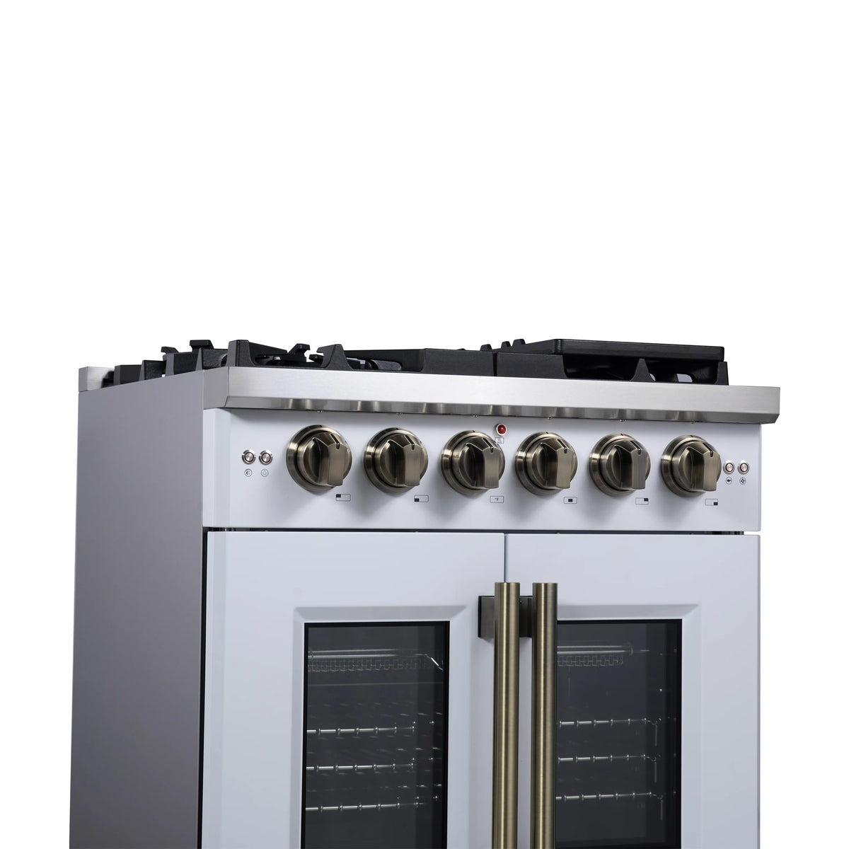 White gas range front with four brass knobs and black burner grates; oven doors closed.