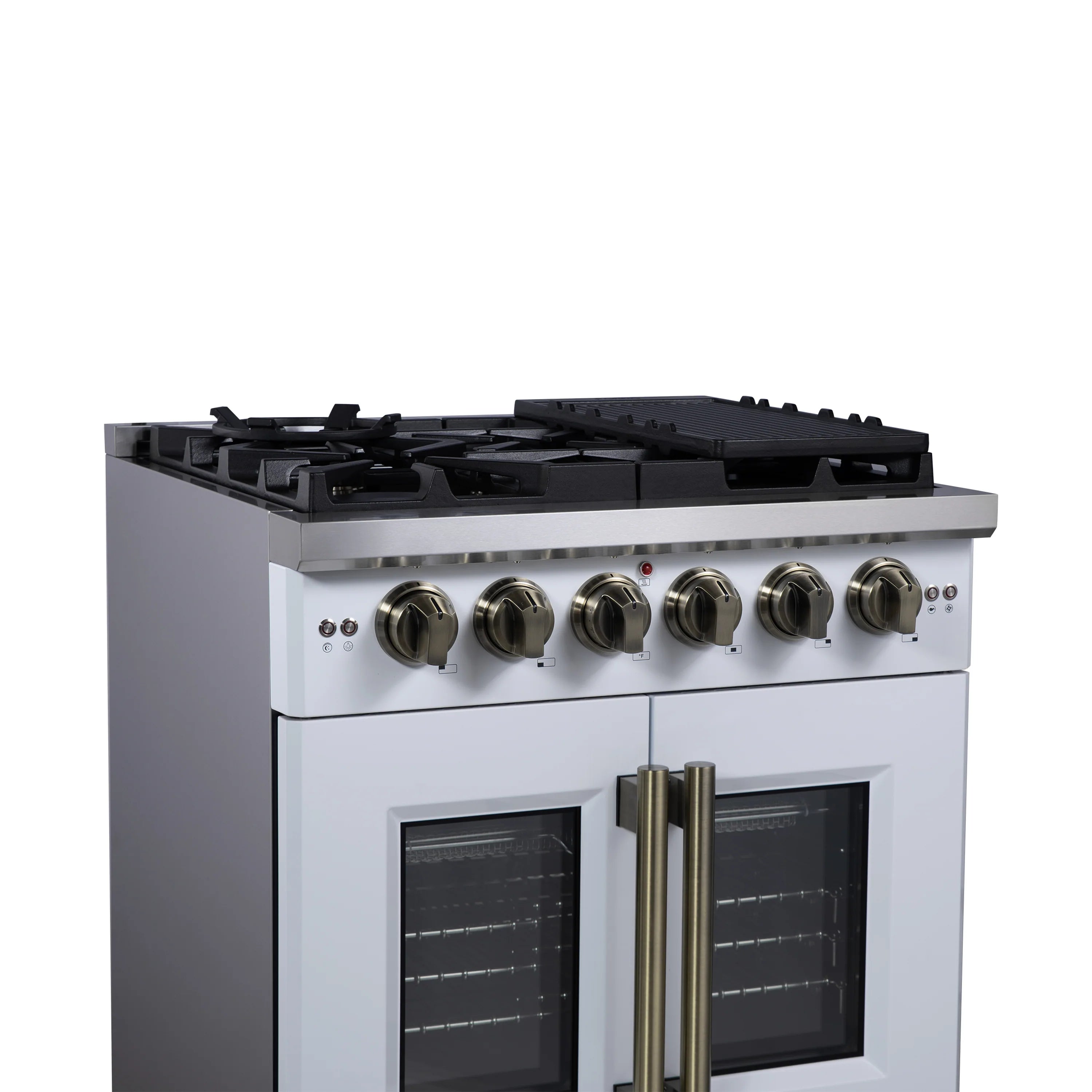 White gas range side front view showing four burners, control knobs, and brass handles