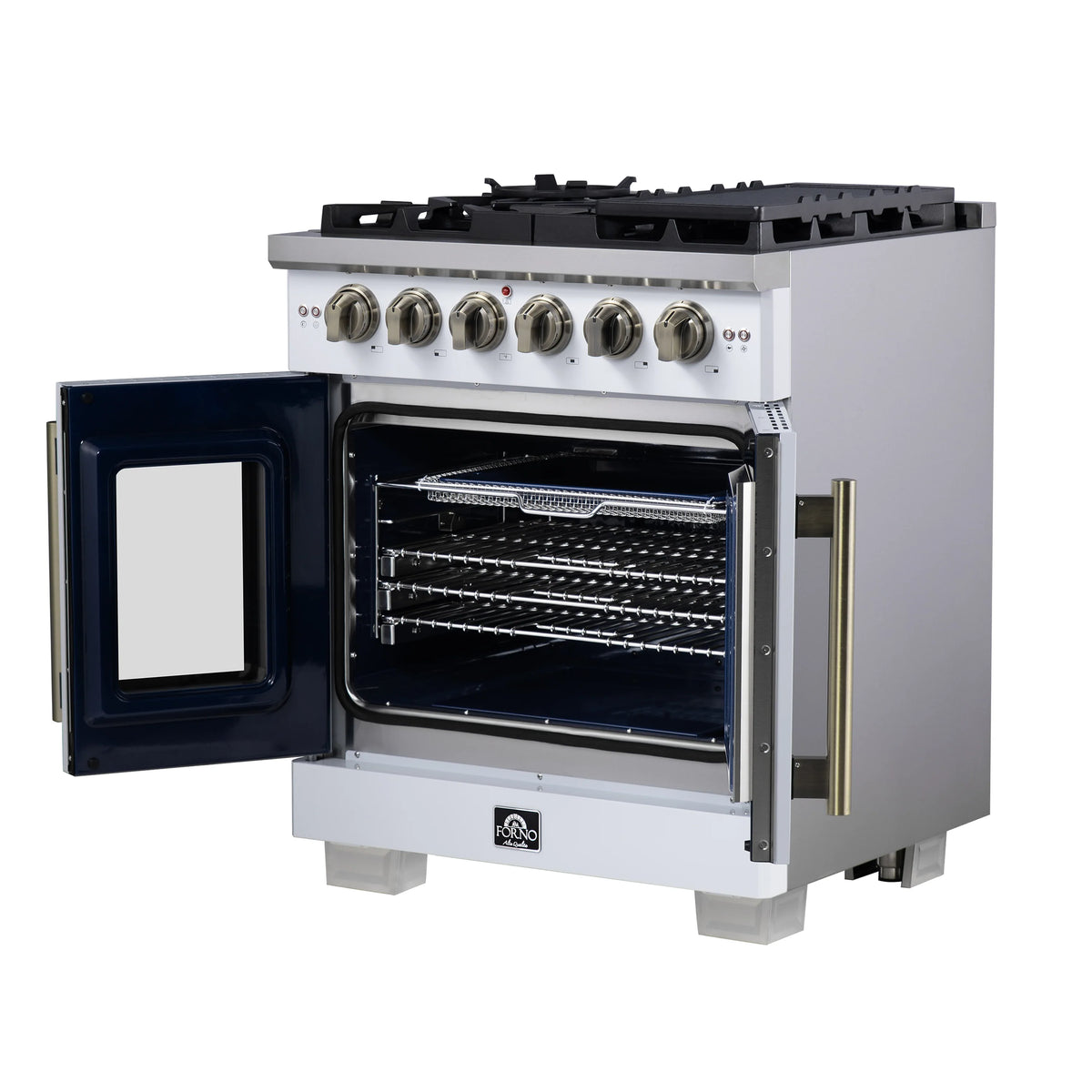 White gas range with oven door open; wire racks inside and brass side handles.