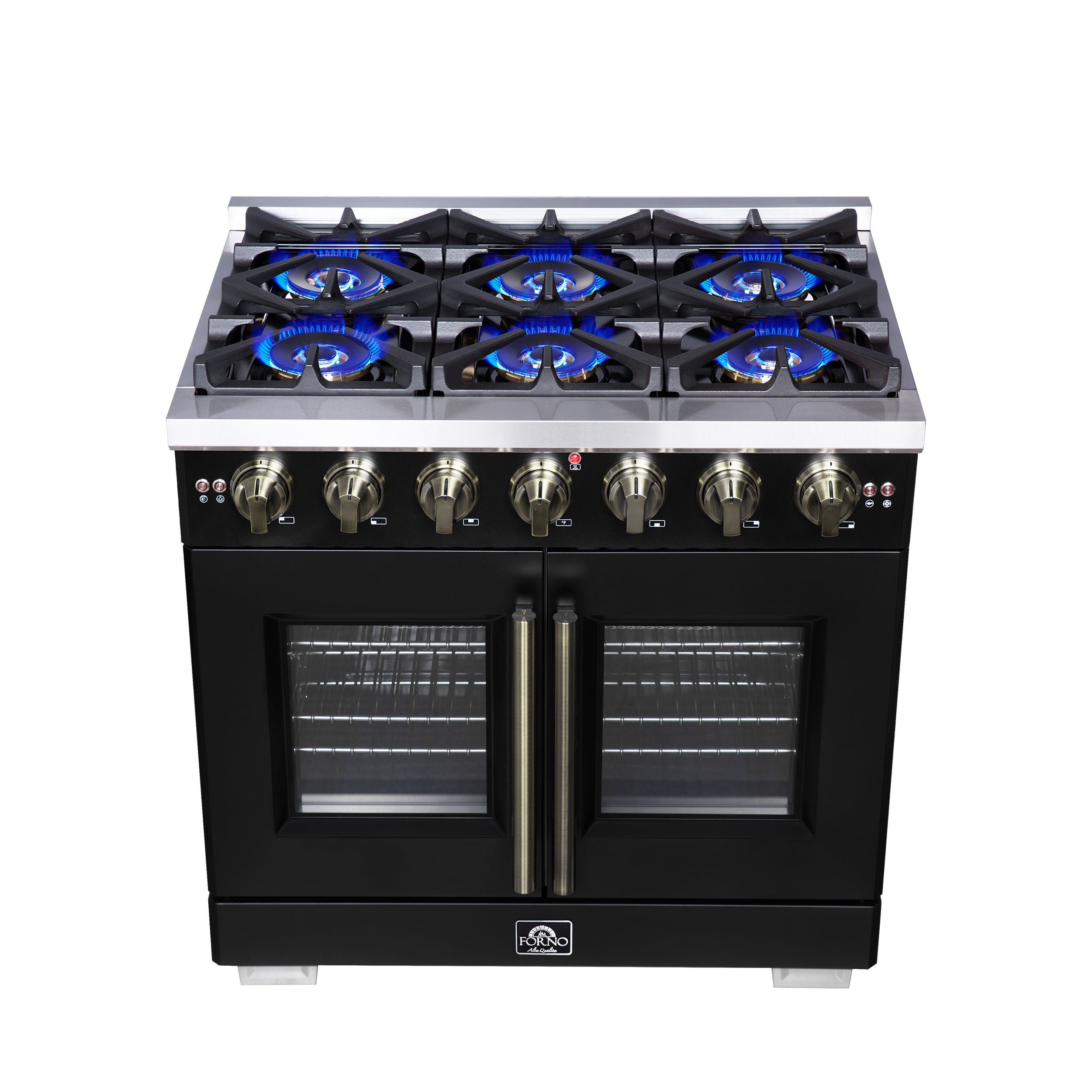 Black gas range with 6 blue flame burners and brass knobs across the control panel