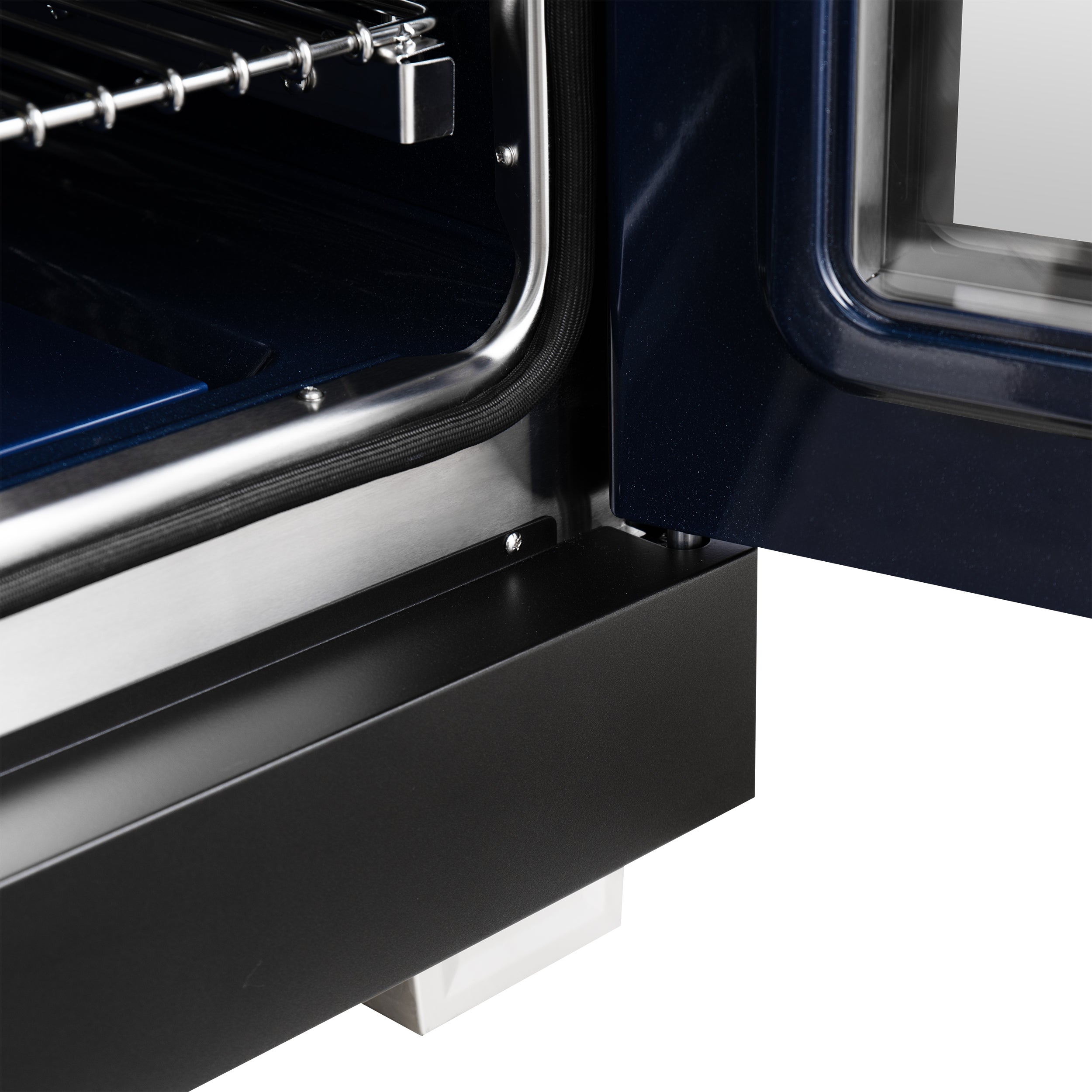 Black gas range with stainless handle and oven-side control panel detail