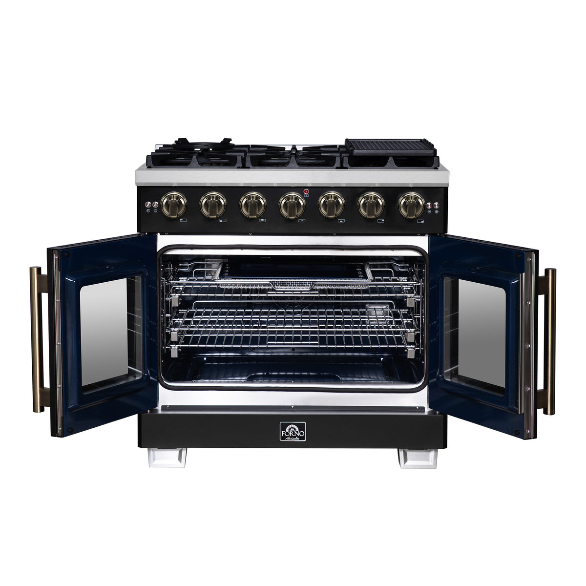 Black gas range with open French oven doors showing interior racks