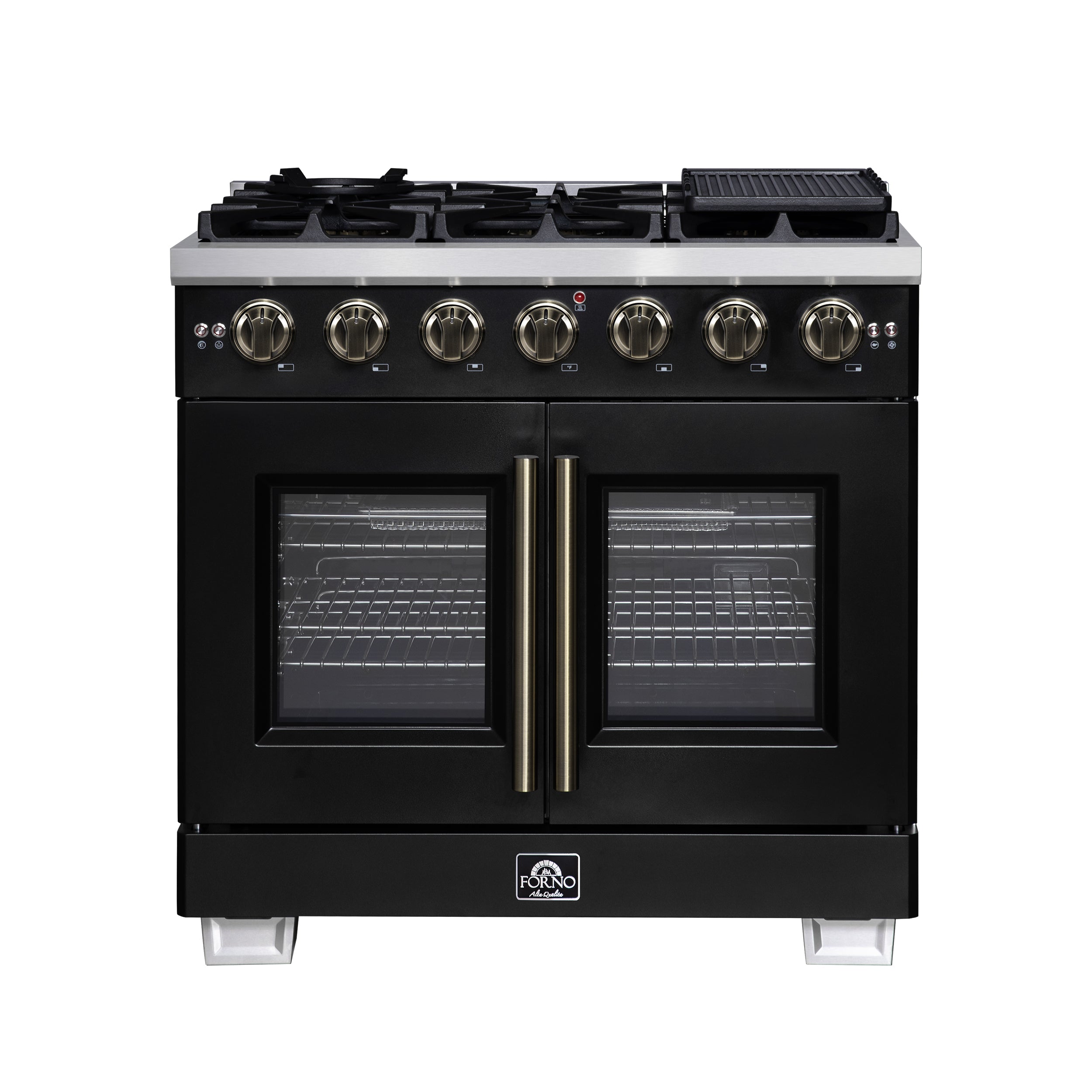 Black gas range with French door oven and gold-tone vertical door handles