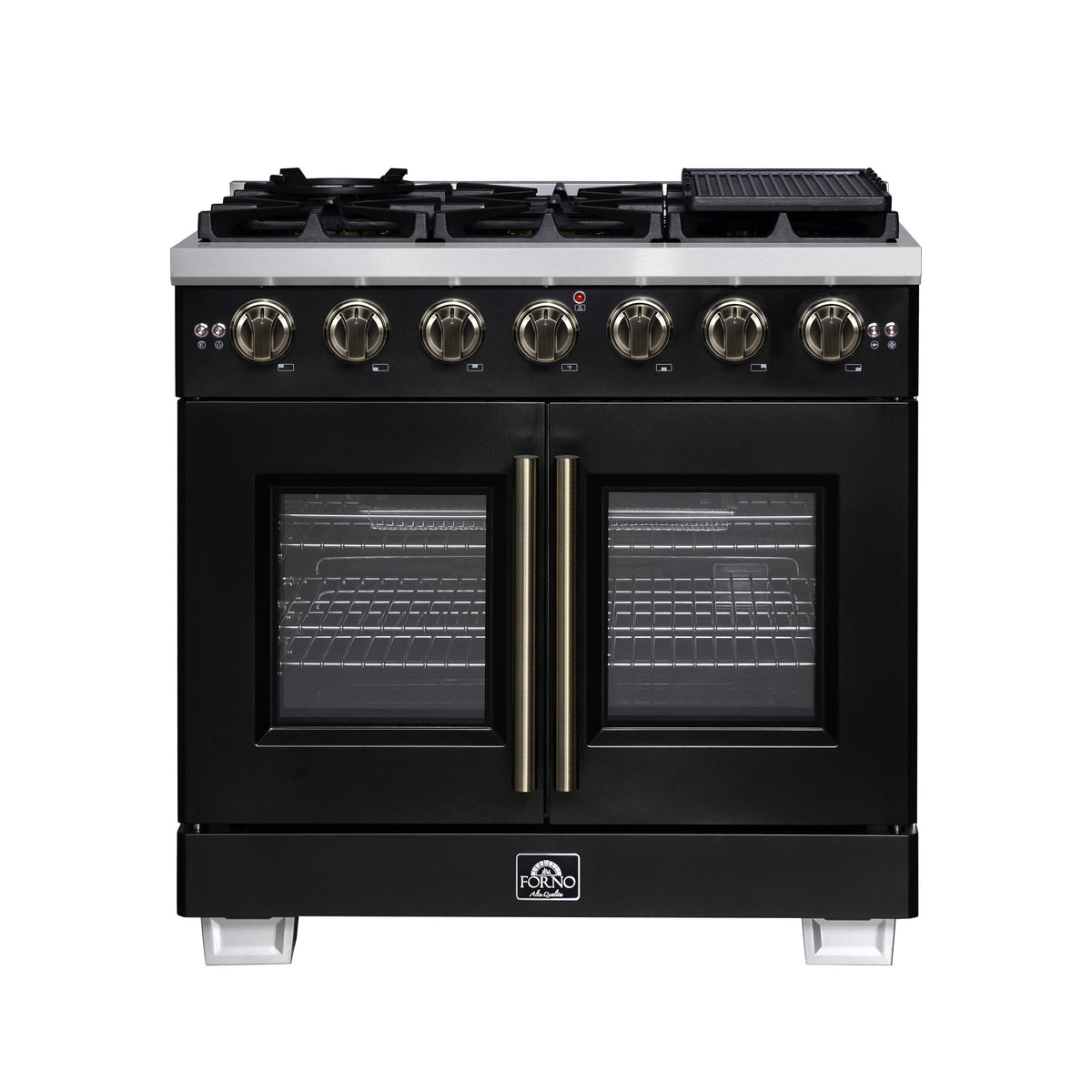 Forno Capriasca 36-Inch Freestanding French Door Gas Range with 6 Burners and 5.36 Cu.Ft. Convection Oven in Black with Antique Brass Trim (FFSGS6460-36BLK)