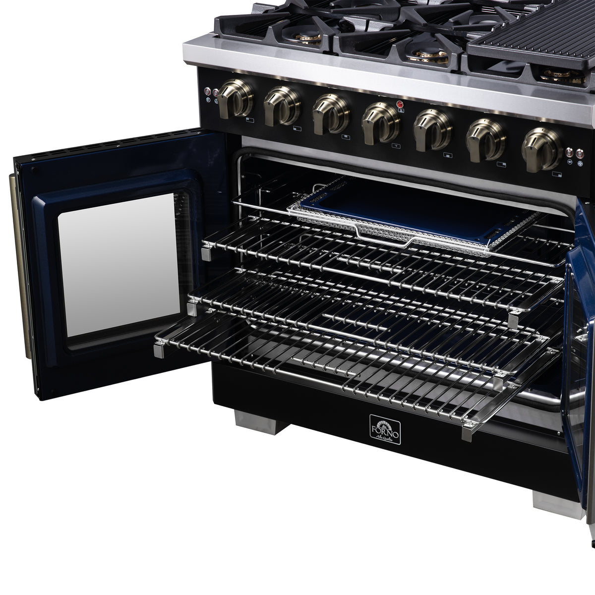Black gas range with both French oven doors open, racks and broiler-like top grate visible