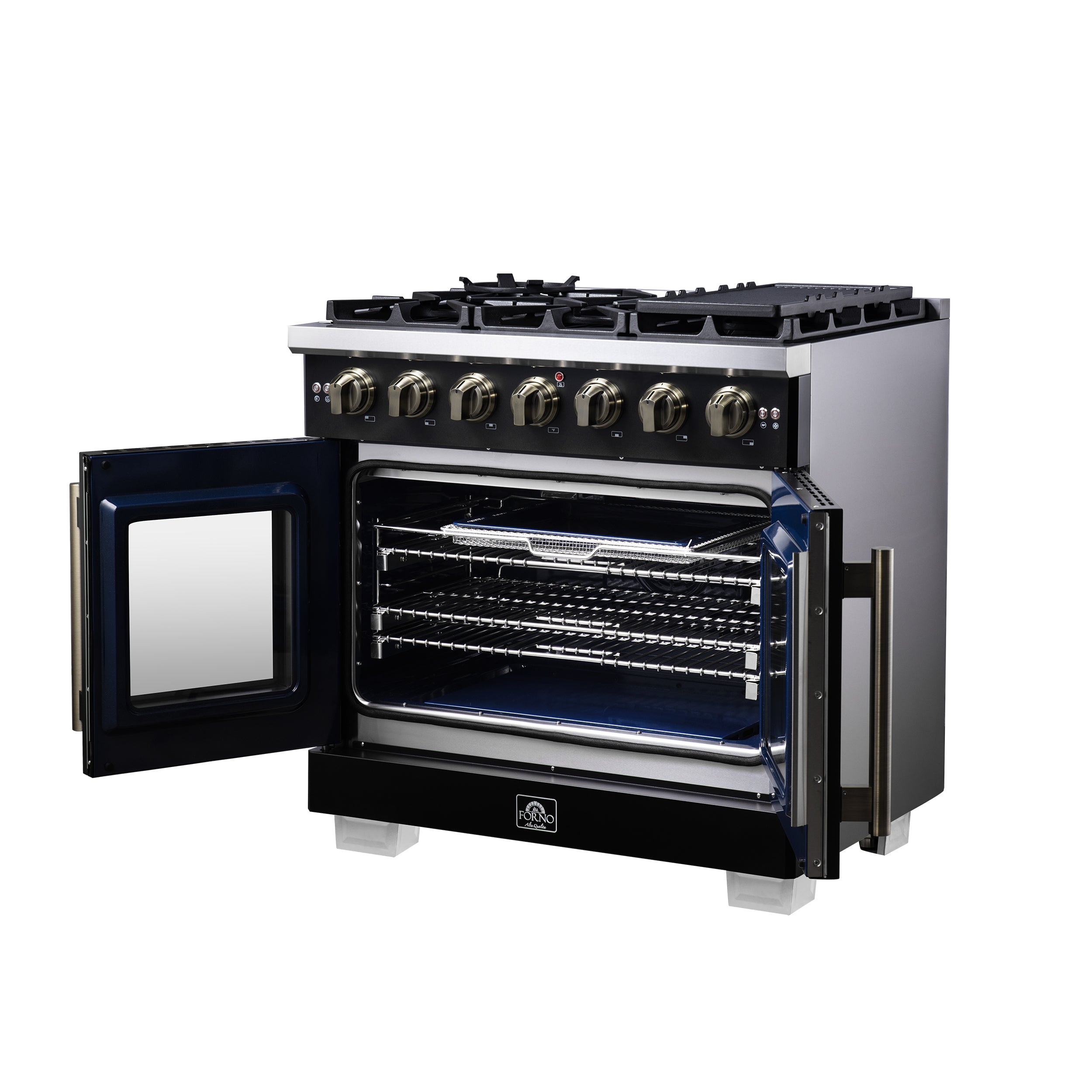 Black gas range with French oven doors open and blue glow under the oven fan area