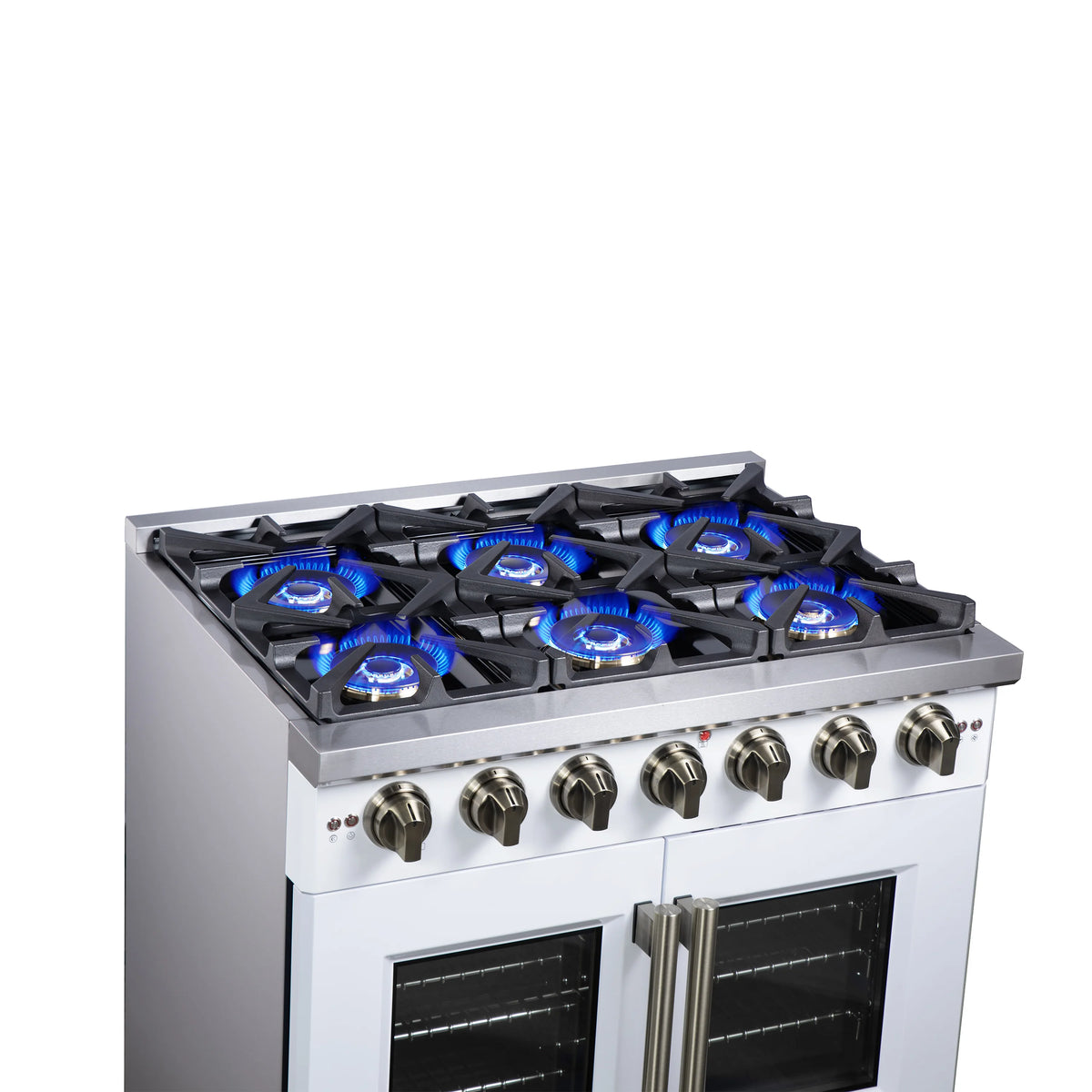 White freestanding gas range with six burners and two French doors with brass handle