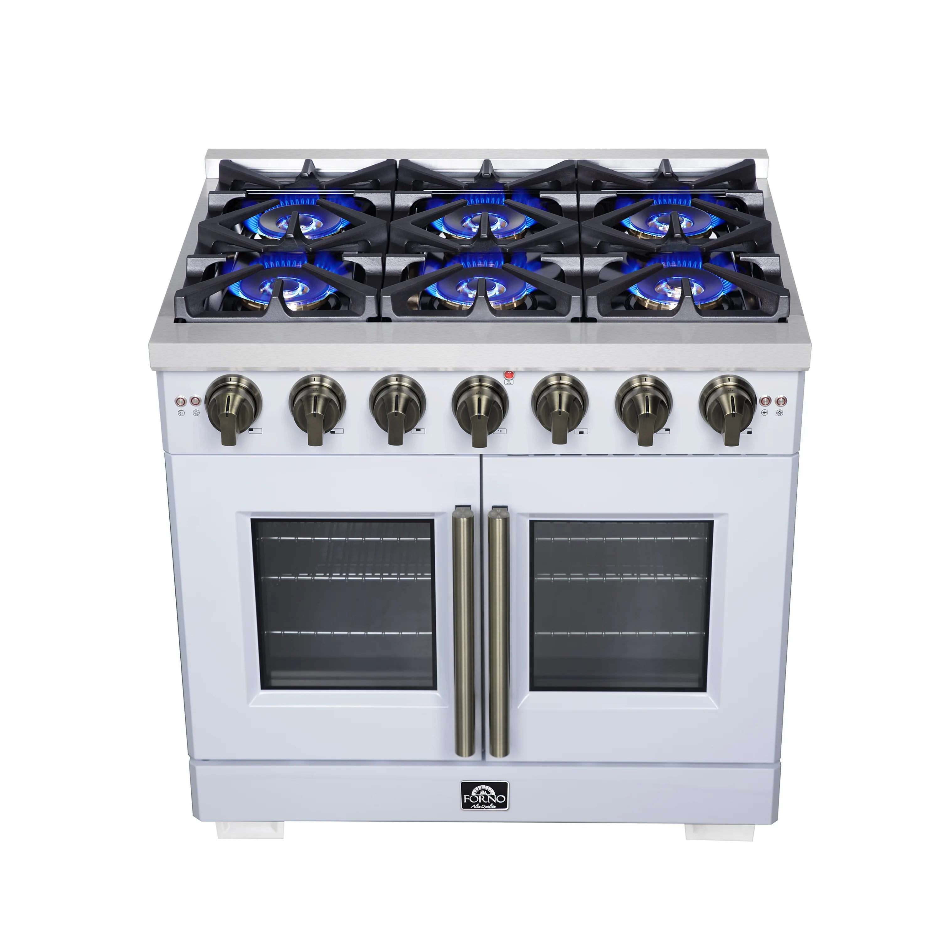 White freestanding gas range with 6 lit burners, brass knobs, and double French oven doors