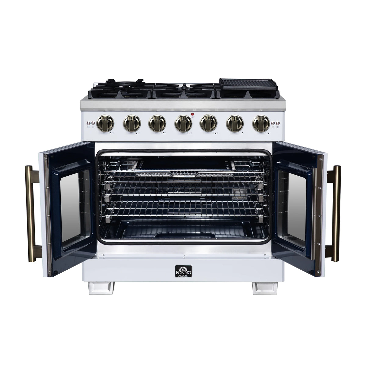 White freestanding gas range with oven door open, showing interior racks and burners above