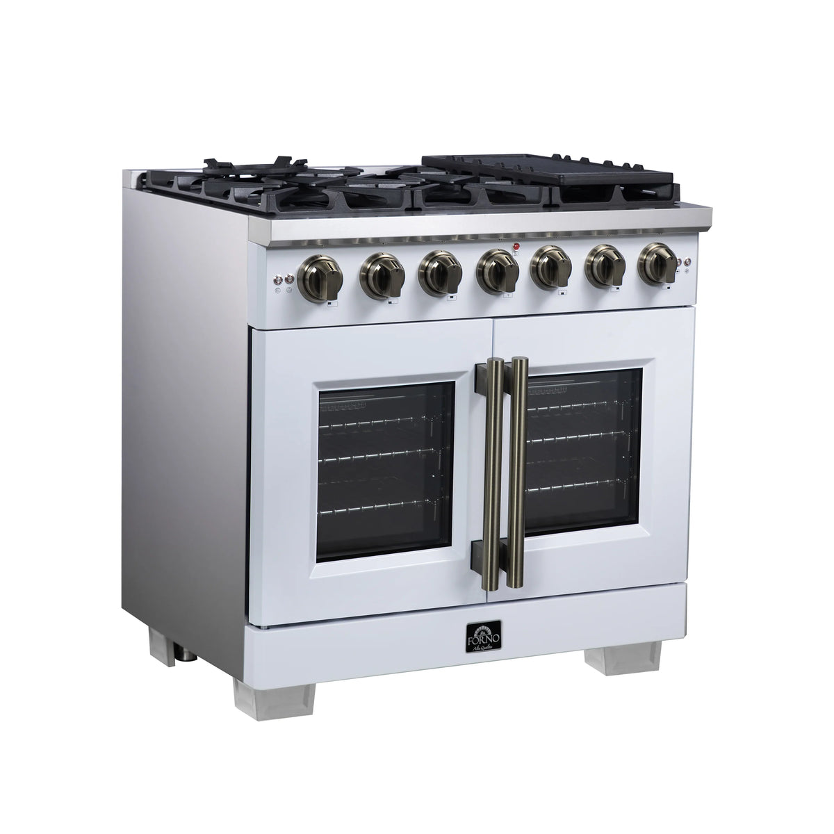 White freestanding gas range front view with six burners, brass knobs, and double doors
