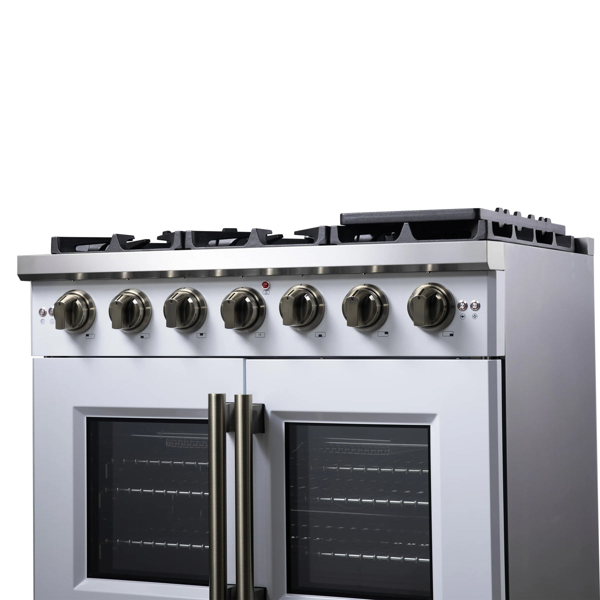 Freestanding gas range control knobs with black cooktop and brass handle doors