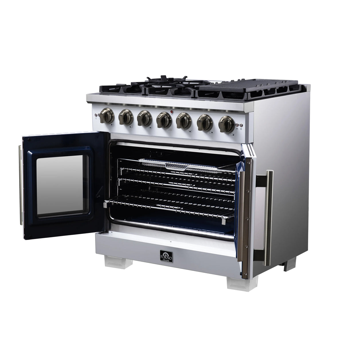 Freestanding gas range with oven door open, racks inside, and front brass handle