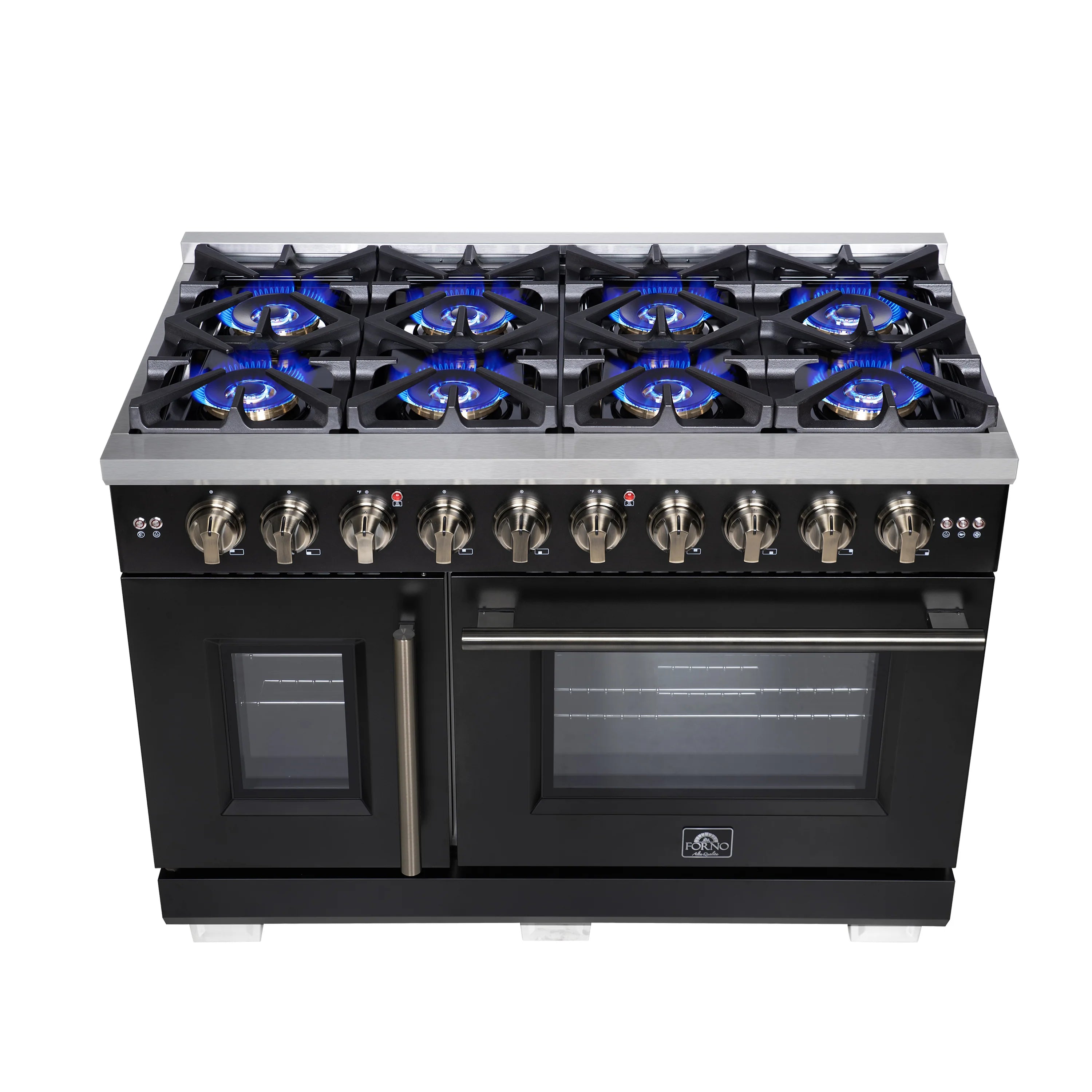 Black gas range with eight blue-lit burners, French doors, and brass handle