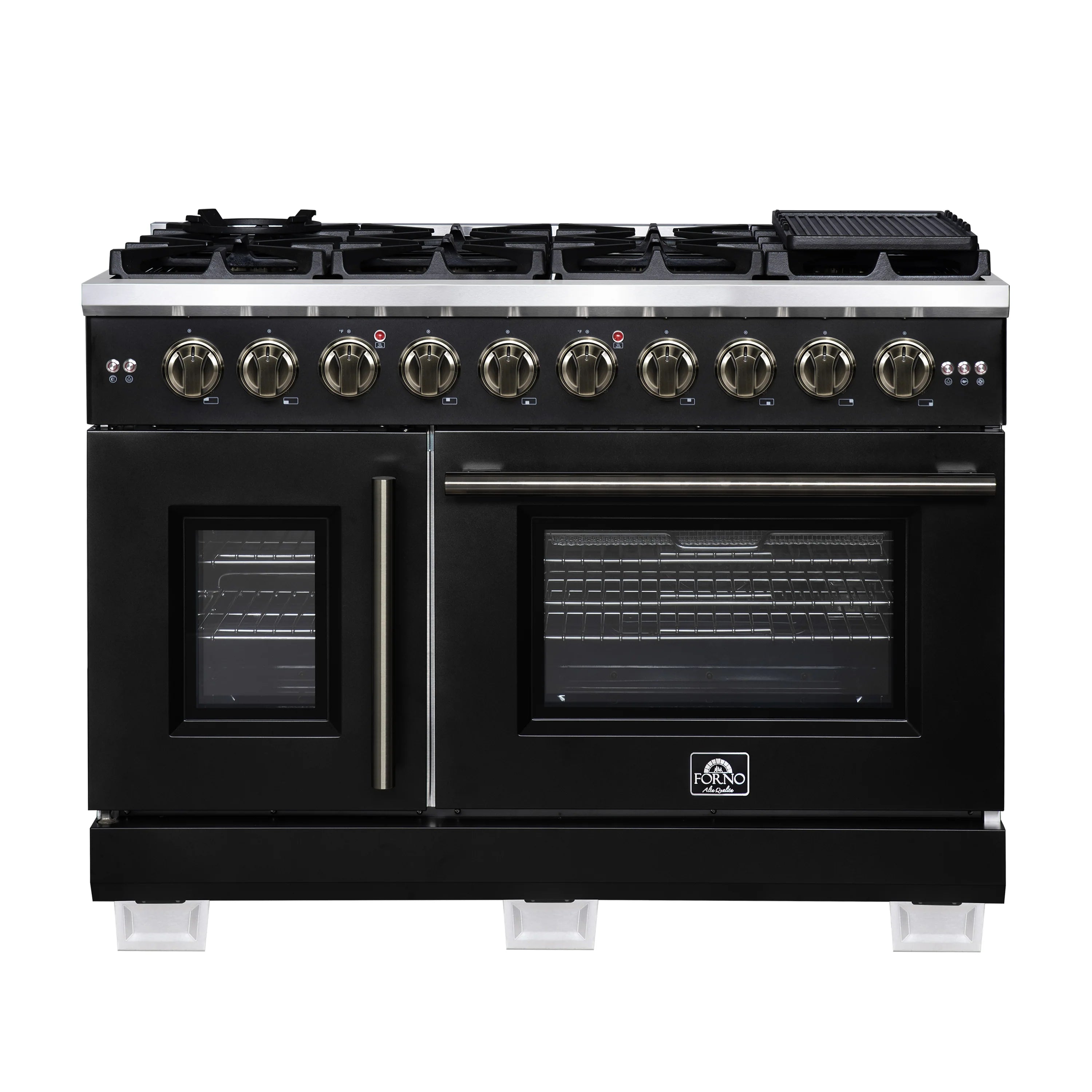 Black freestanding French door gas range with brass knobs and dual oven doors