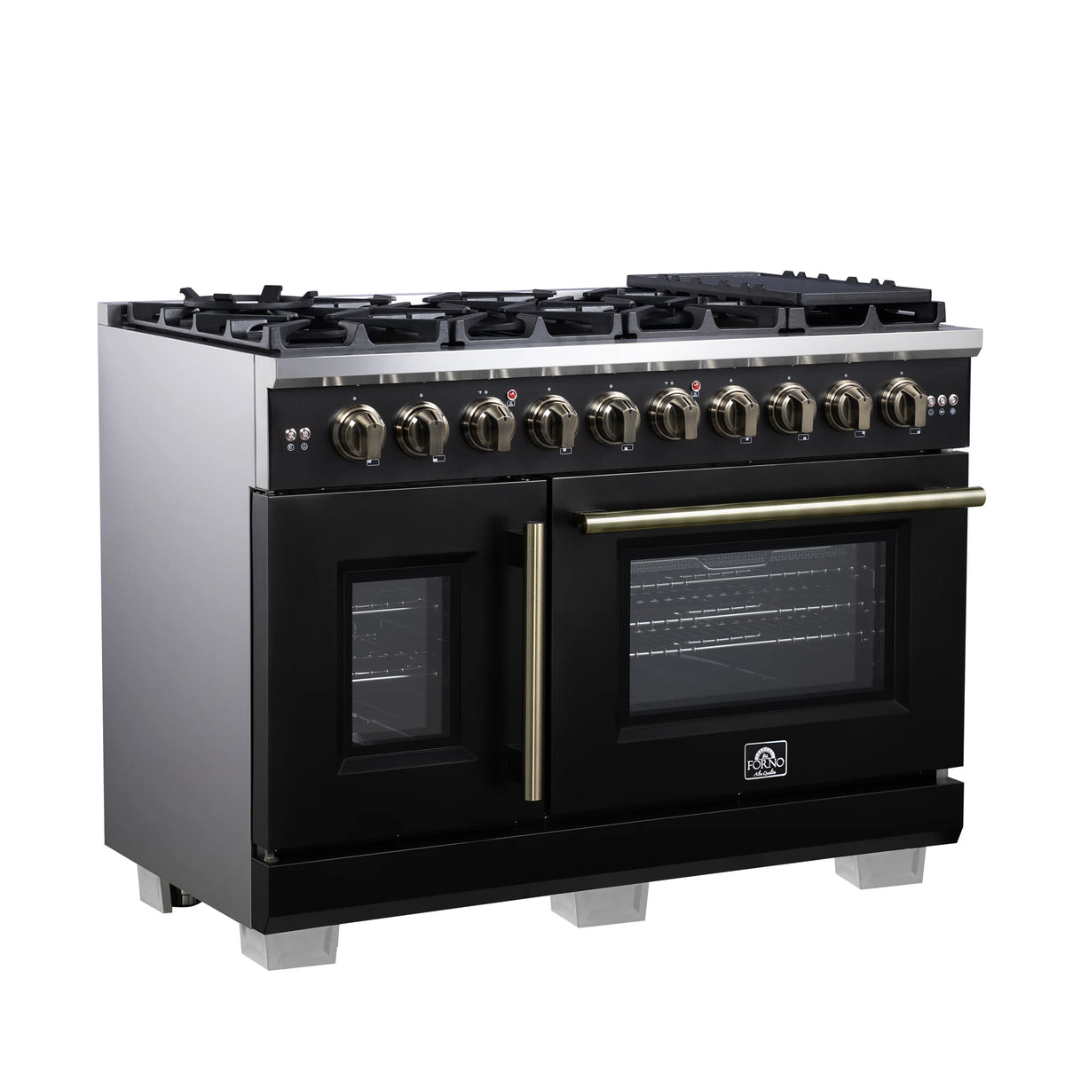 Black gas range with eight burners, brass handle, and glass oven doors