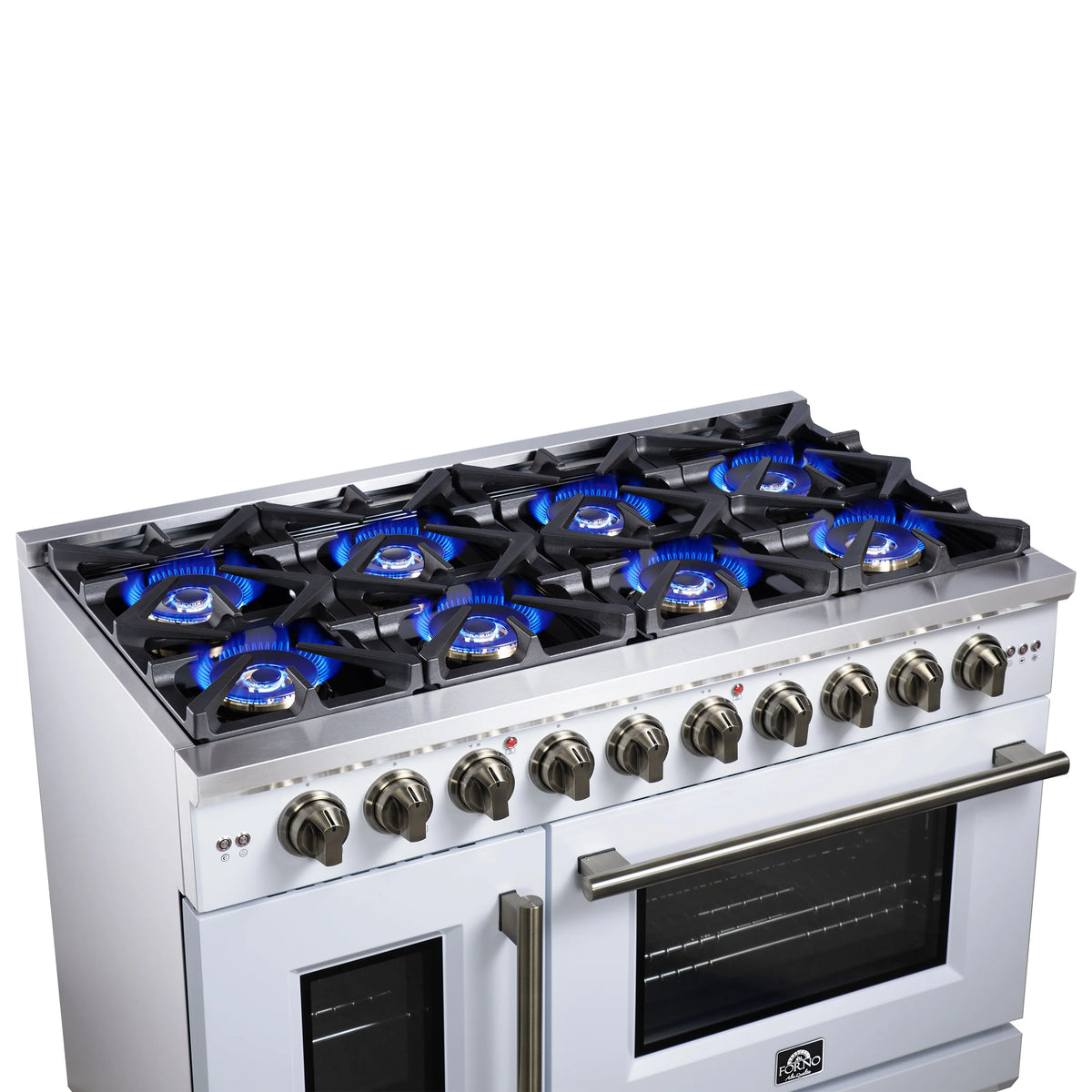 White freestanding gas range with lit blue burners, French doors, antique brass handle.