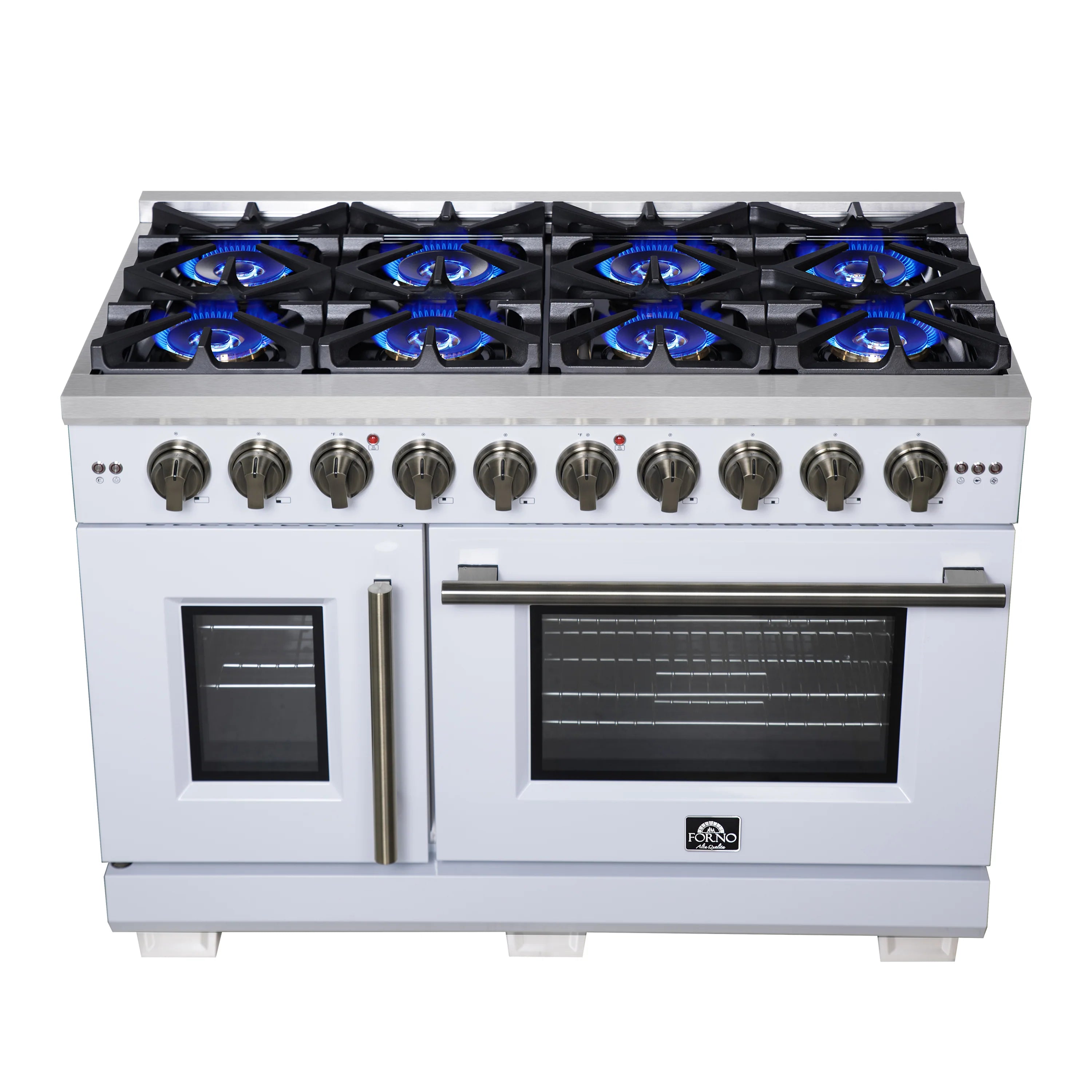 White freestanding gas range with French doors, 8 burners, antique brass handle.