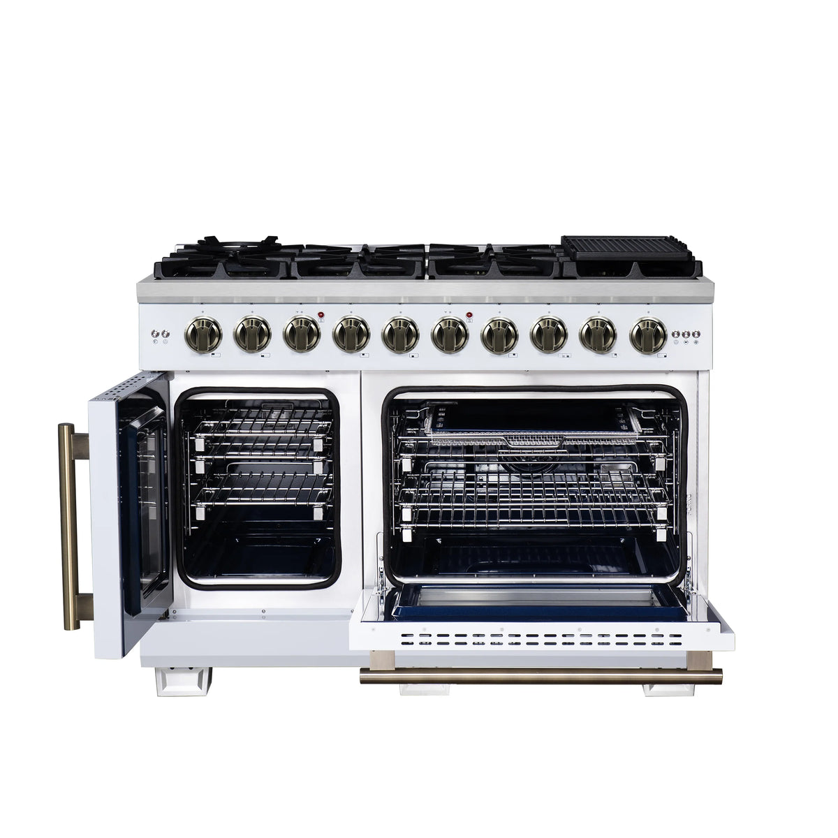 White freestanding gas range with French doors open and 8-burner cooktop.