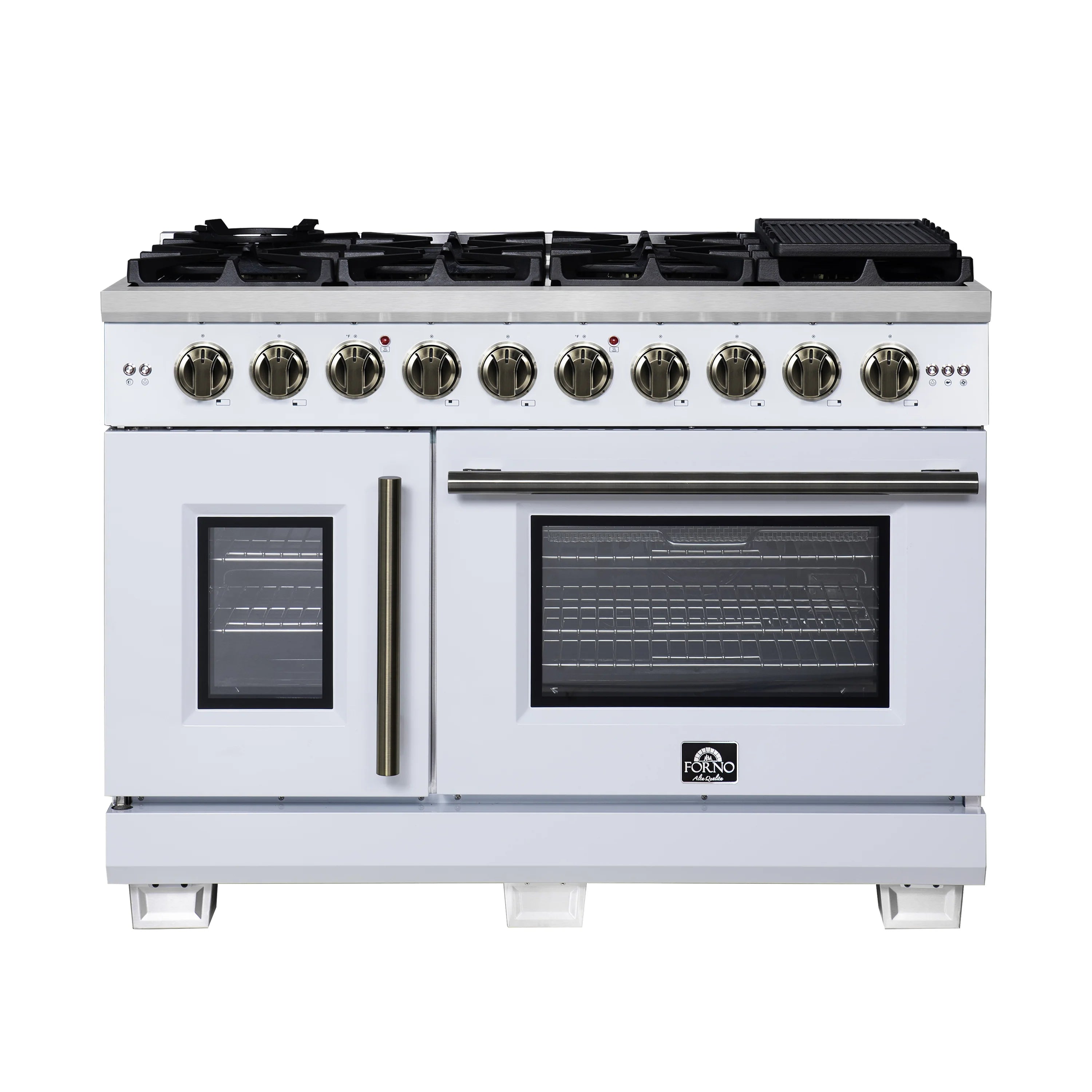 White freestanding gas range front view: 8 burners, French doors, antique brass handle.