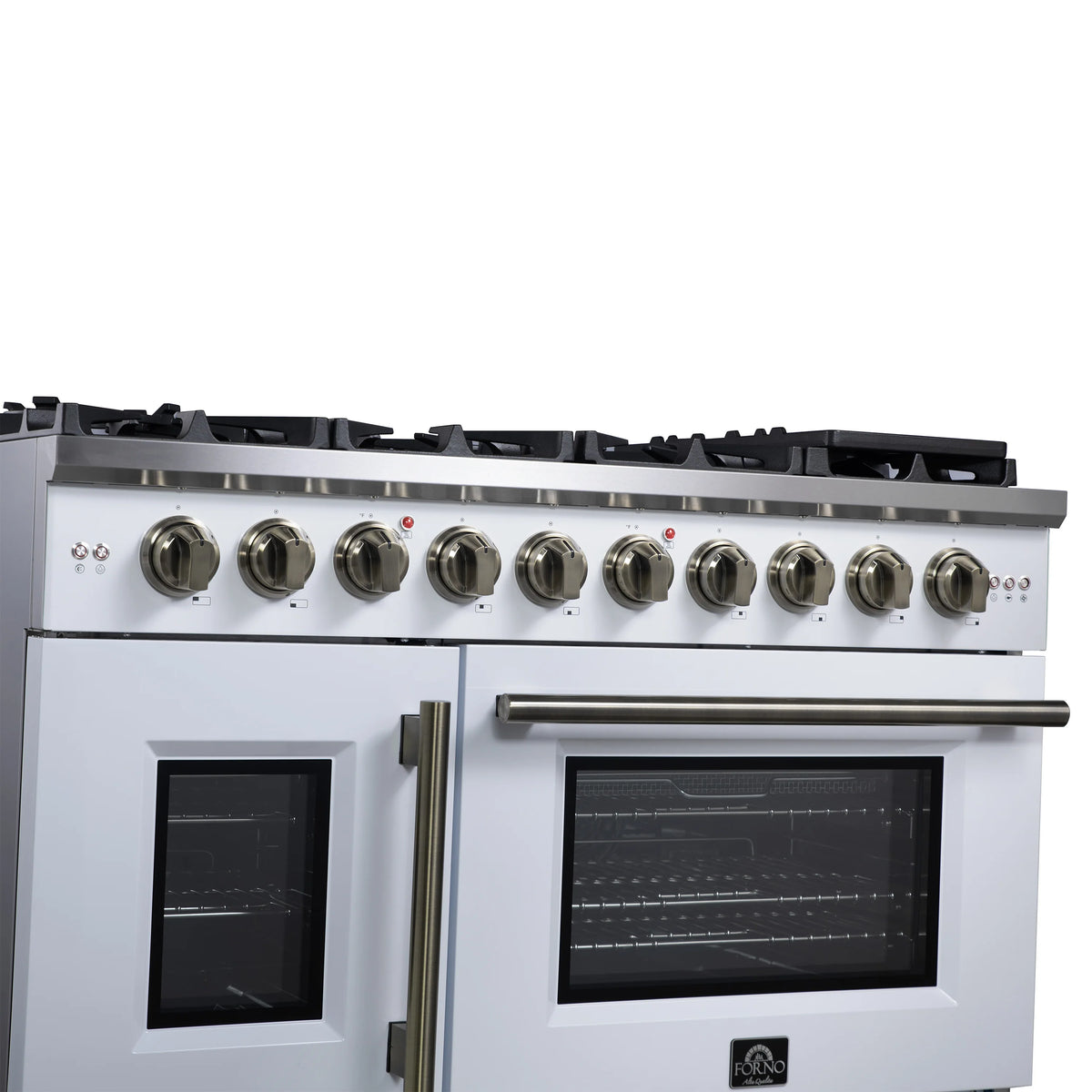 White freestanding gas range with 8 burners and French doors, antique brass handle.