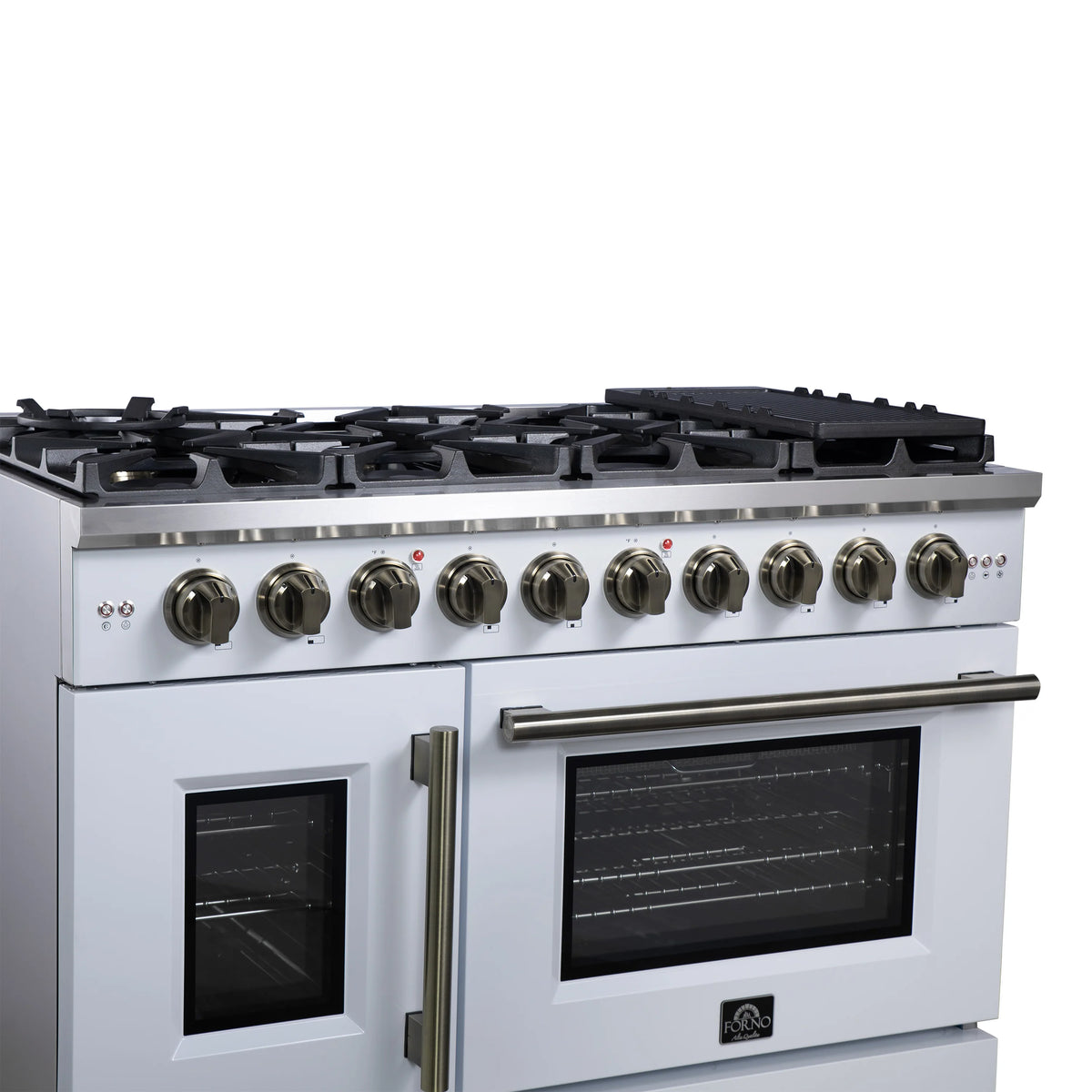 White gas range close front view: 8 knobs, French doors, antique brass handle.