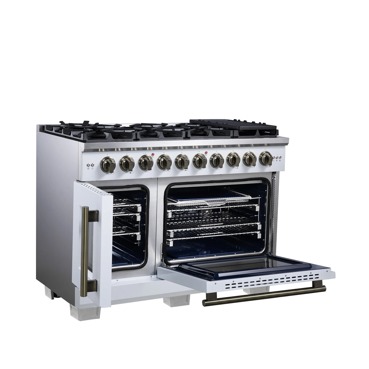 White freestanding gas range with open French doors and eight burner knobs