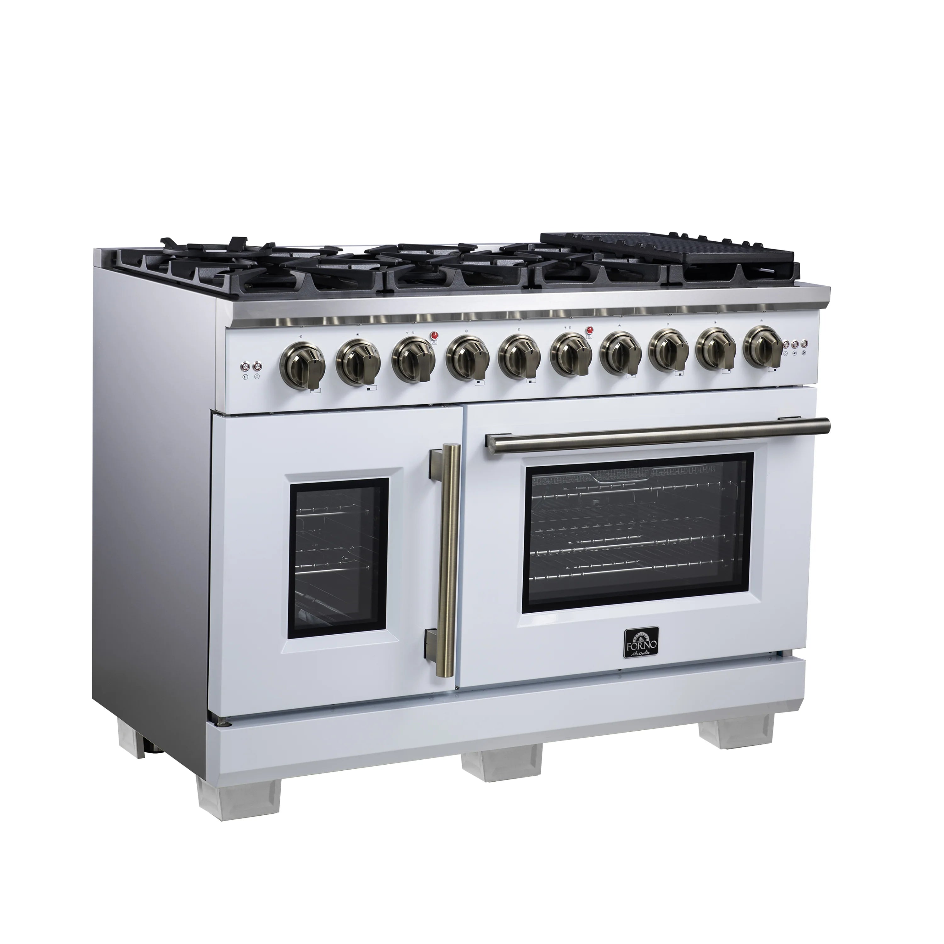 White freestanding gas range with 8 burners, French doors, and control knobs.