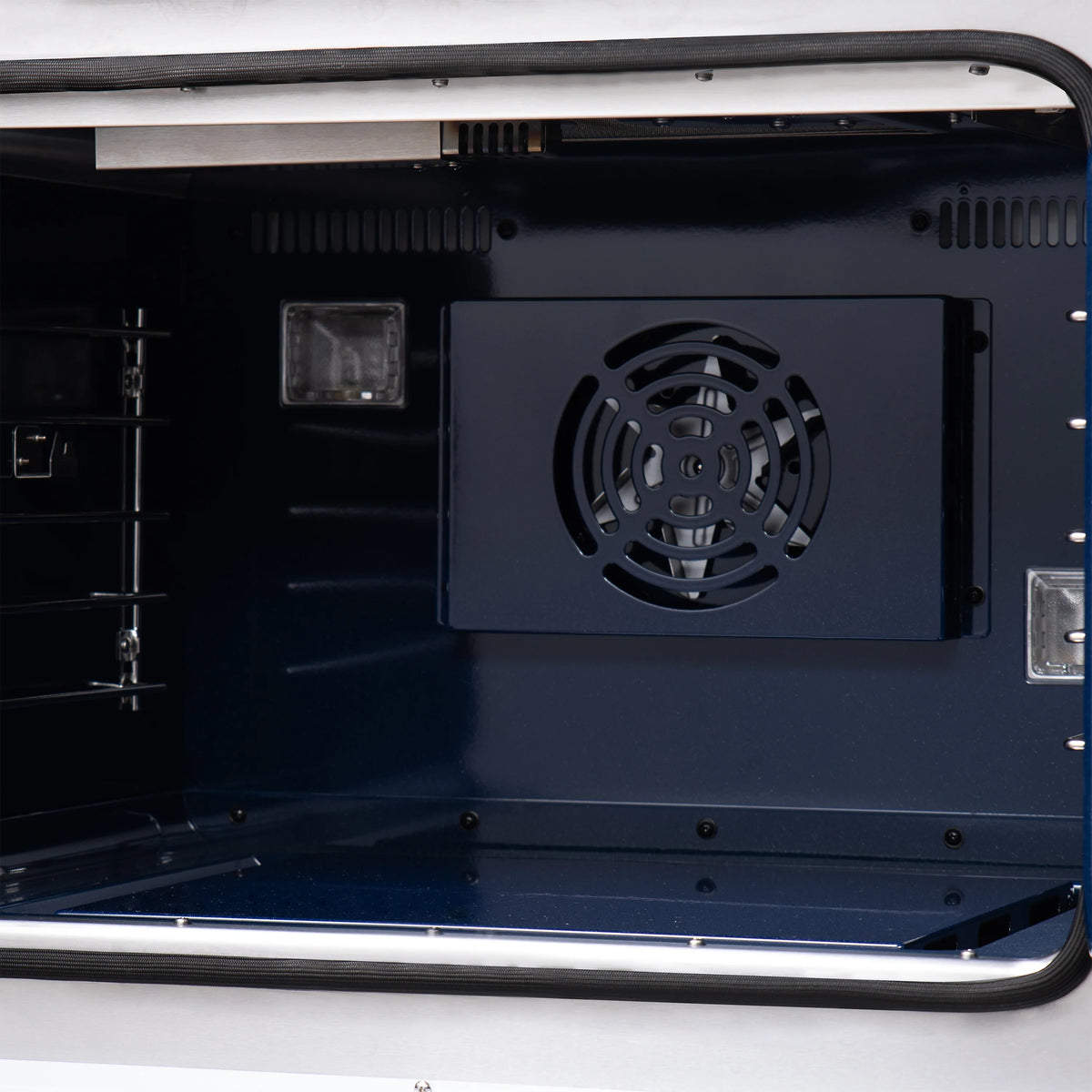 Gas oven interior with rear fan vent and rack positions, French-door range