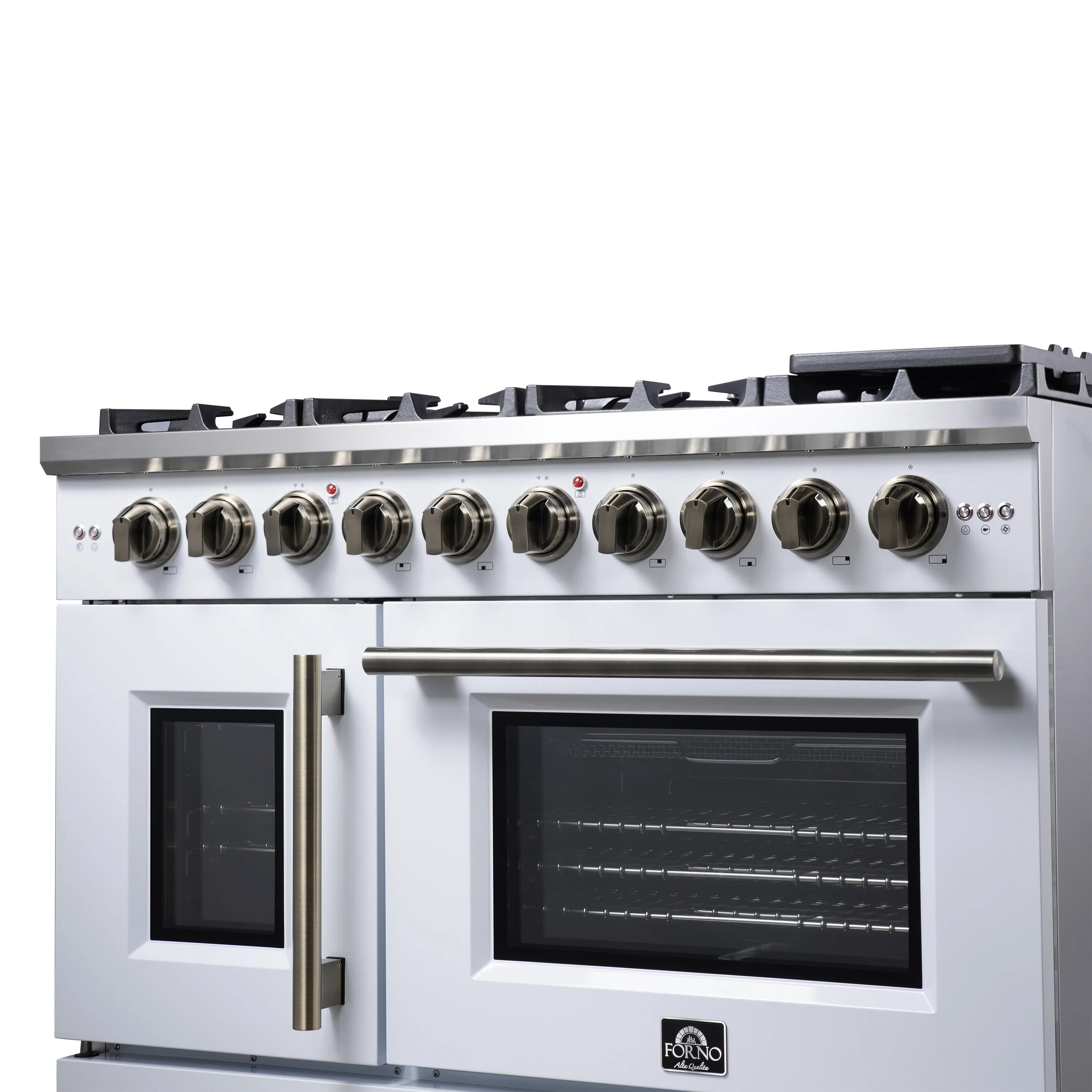 White gas range front close-up with burner knobs and oven doors