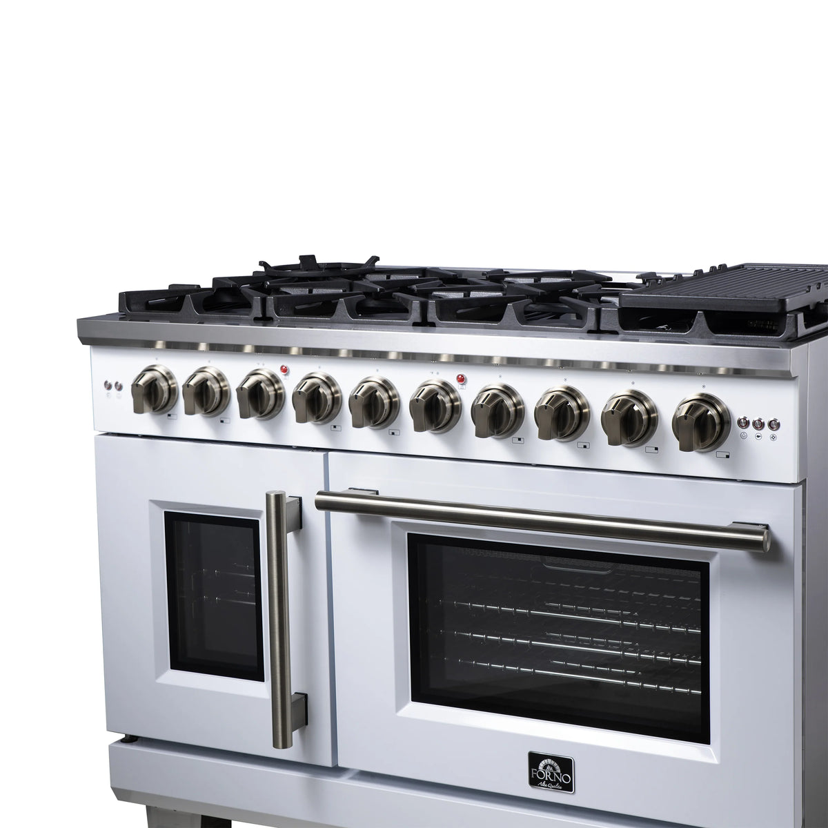 White gas range front panel with burner knobs and oven viewing windows