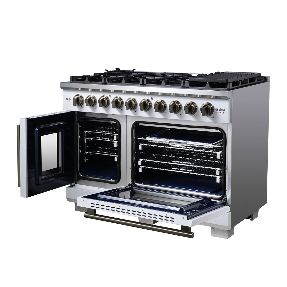 White gas range side view with both oven doors open and cooking racks installed