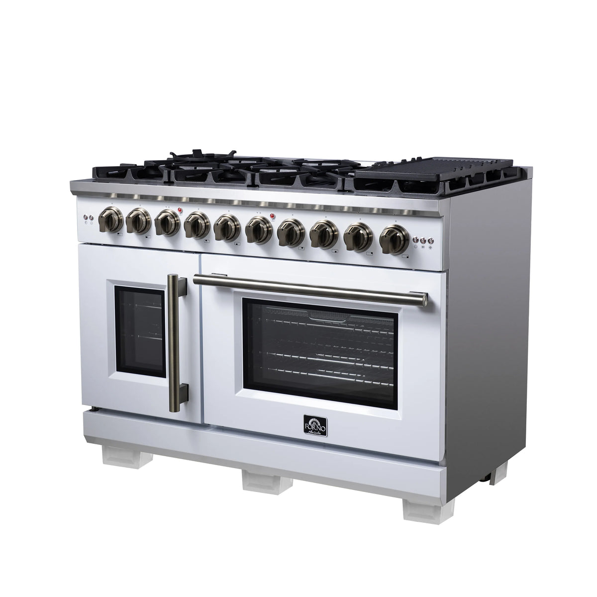 White freestanding gas range front view with burner controls and two oven doors