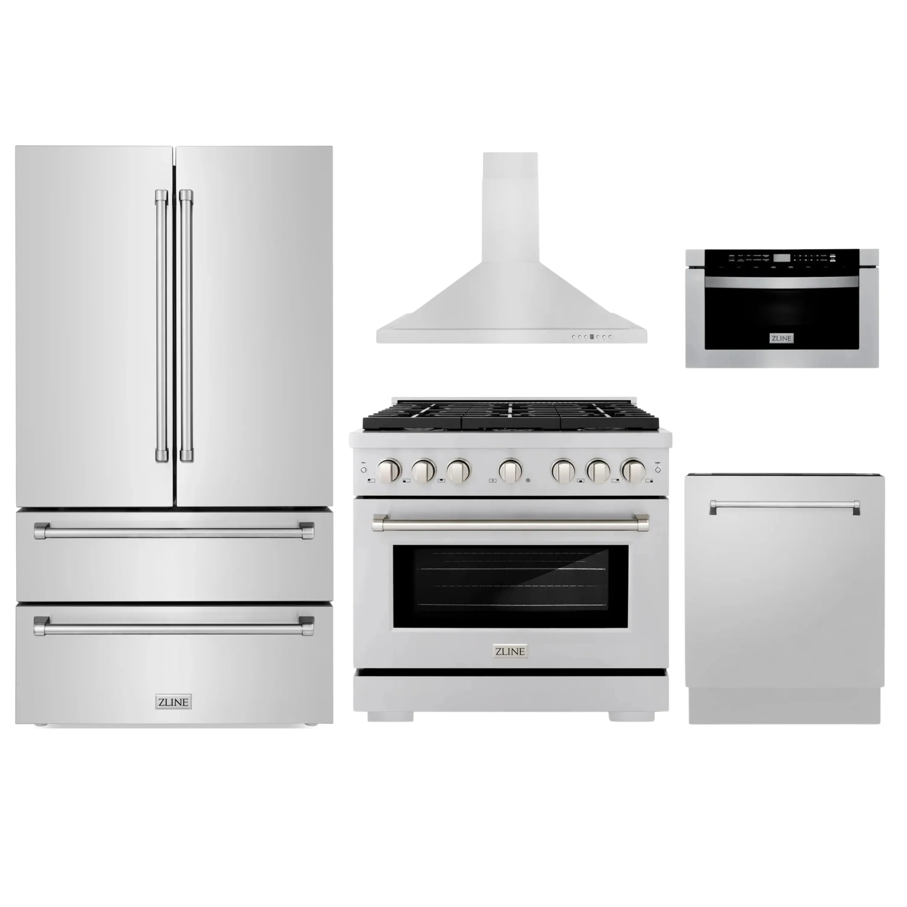 ZLINE 5-Piece Appliance Package - 36-Inch Gas Range, Refrigerator, Convertible Wall Mount Hood, Microwave Drawer, and 3-Rack Dishwasher in Stainless Steel (5KPR-SGRRH36-MWDWV)
