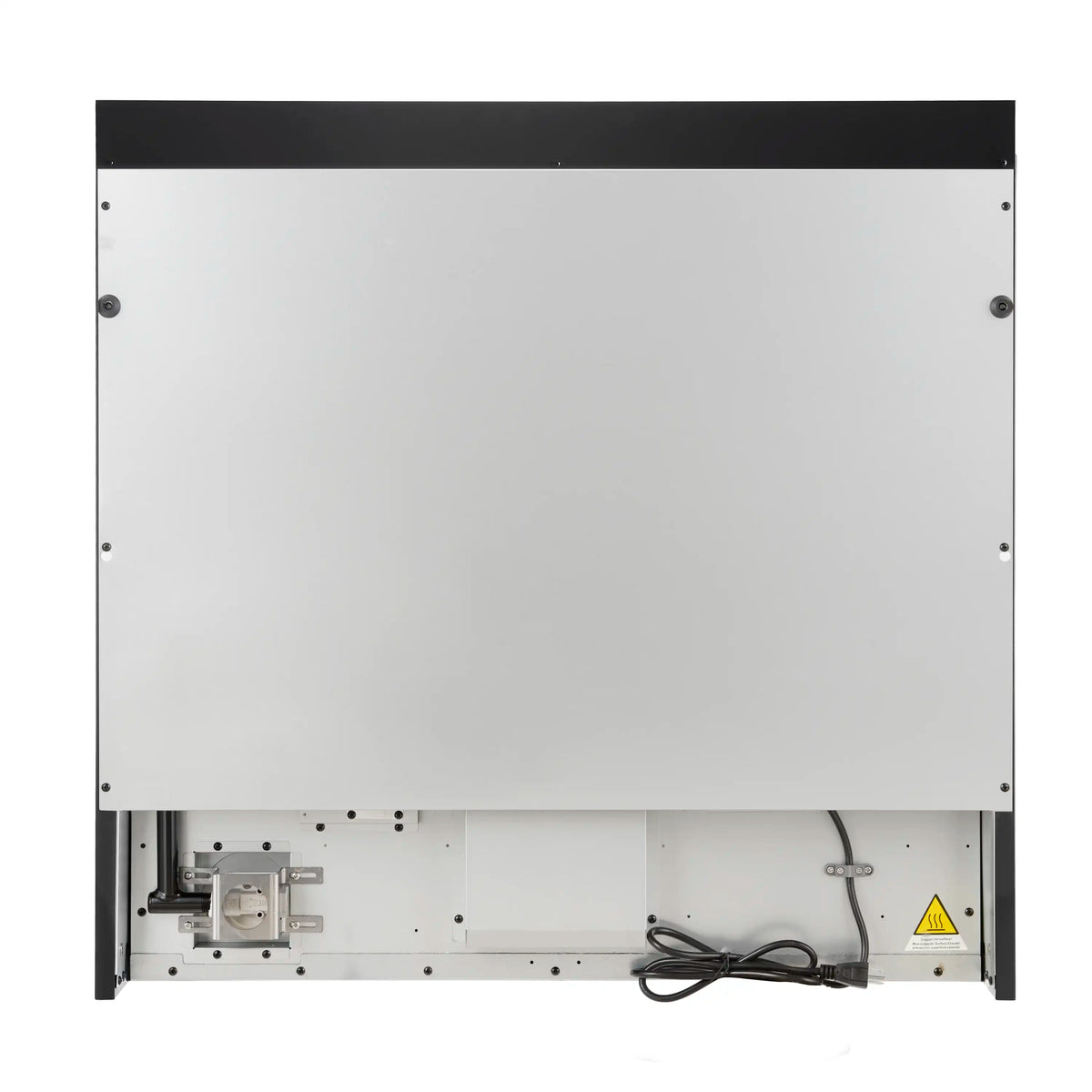 Back of black gas convection range with access panel and warning label