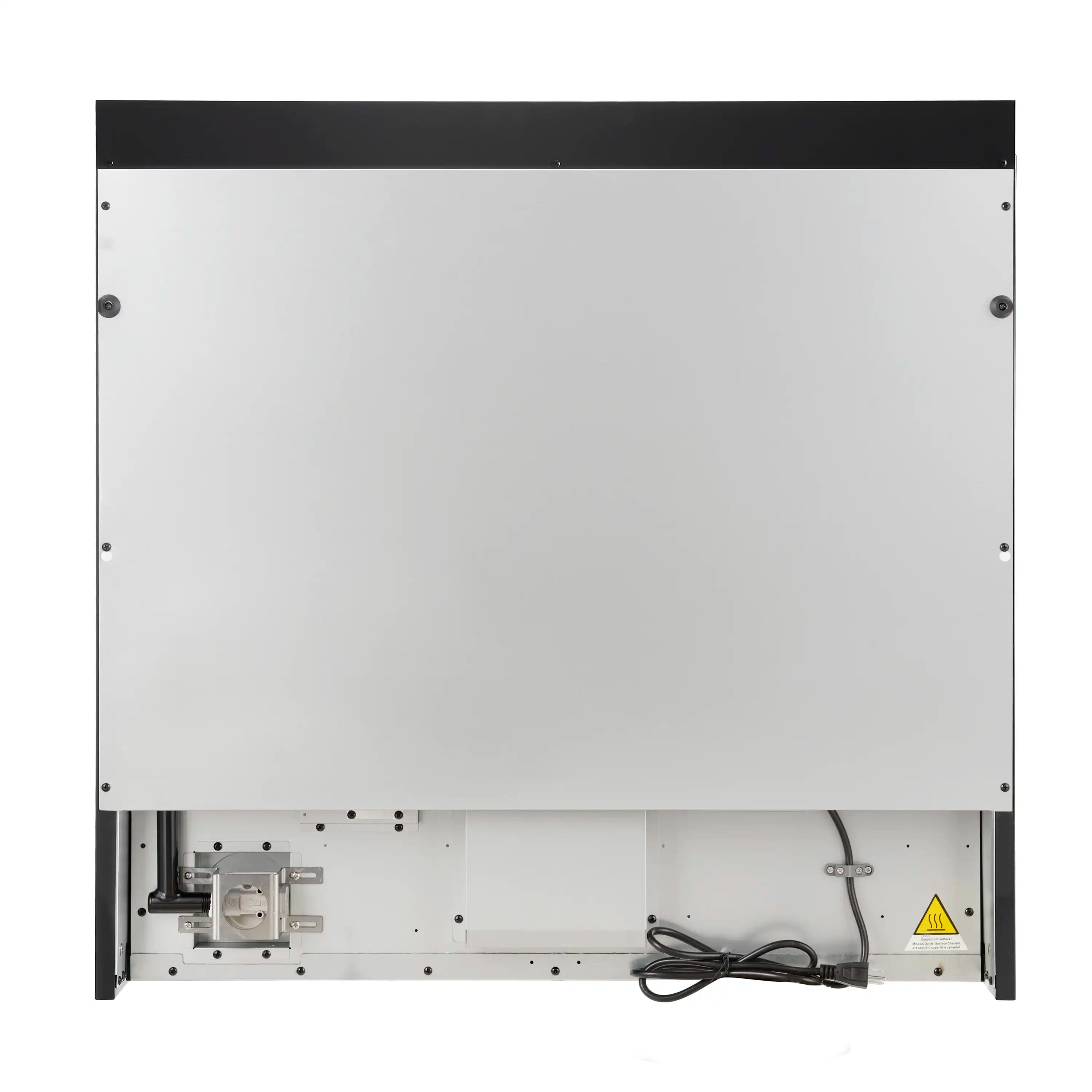 Black appliance rear panel with exposed wiring and fasteners