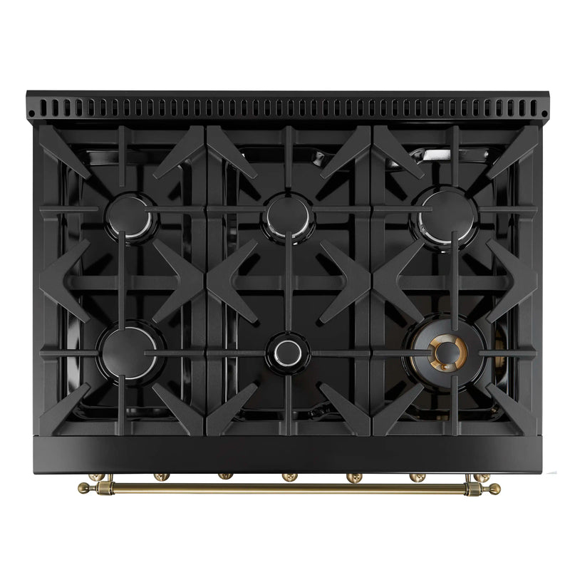 Forno Antico 36-inch Dual Fuel Range with 6 Gas Burner Cooktop and 4.5 Cu.Ft. Electric Convection Oven in Black with Antique Brass Trim (FFSGS6113-36BLK)