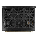 Forno Antico 5-Piece Appliance Package - 36-Inch Gas Range, 36-Inch Hood, 36-Inch Refrigerator, 24-Inch Dishwasher, & 24-Inch Microwave Drawer in Black with Antique Brass Trim