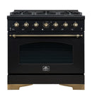 Forno Antico 36-inch Gas Range with 6 Gas Burner Cooktop and 4.5 Cu.Ft. Gas Convection Oven in Black with Antique Brass Trim (FFSGS6219-36BLK)