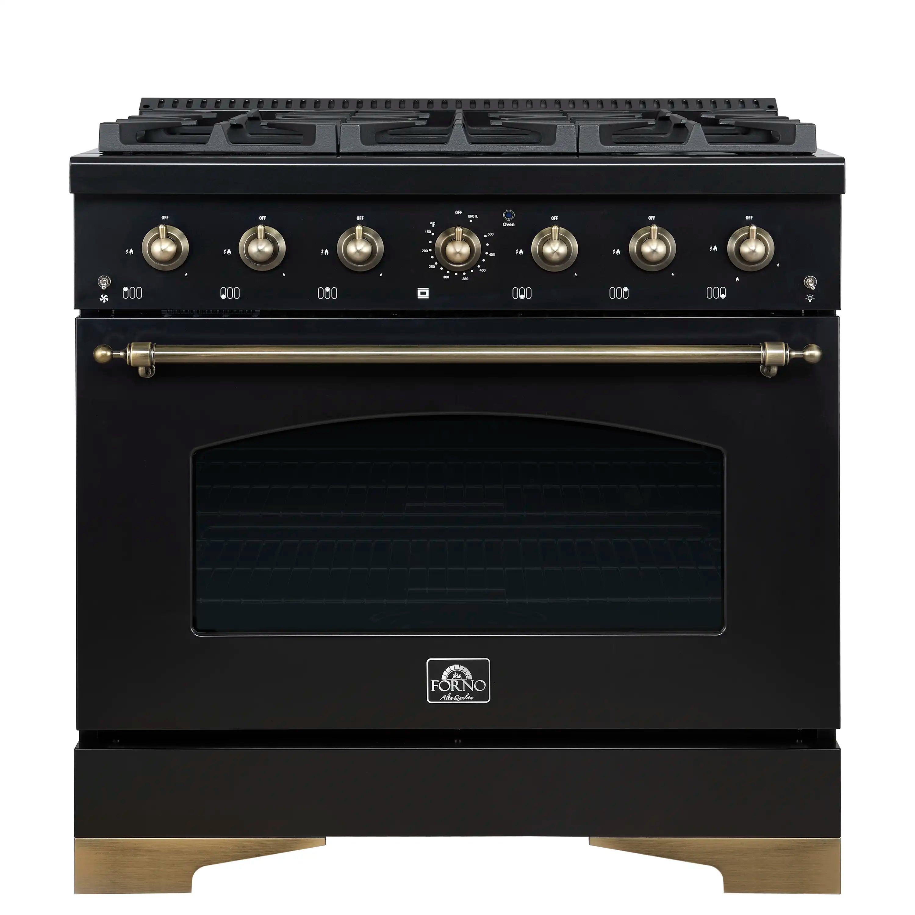 Black 36-inch gas range with antique brass control knobs and oven window