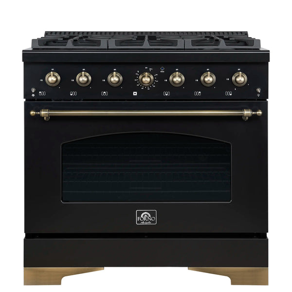 Forno Antico 36-inch Gas Range with 6 Gas Burner Cooktop and 4.5 Cu.Ft. Gas Convection Oven in Black with Antique Brass Trim (FFSGS6219-36BLK)